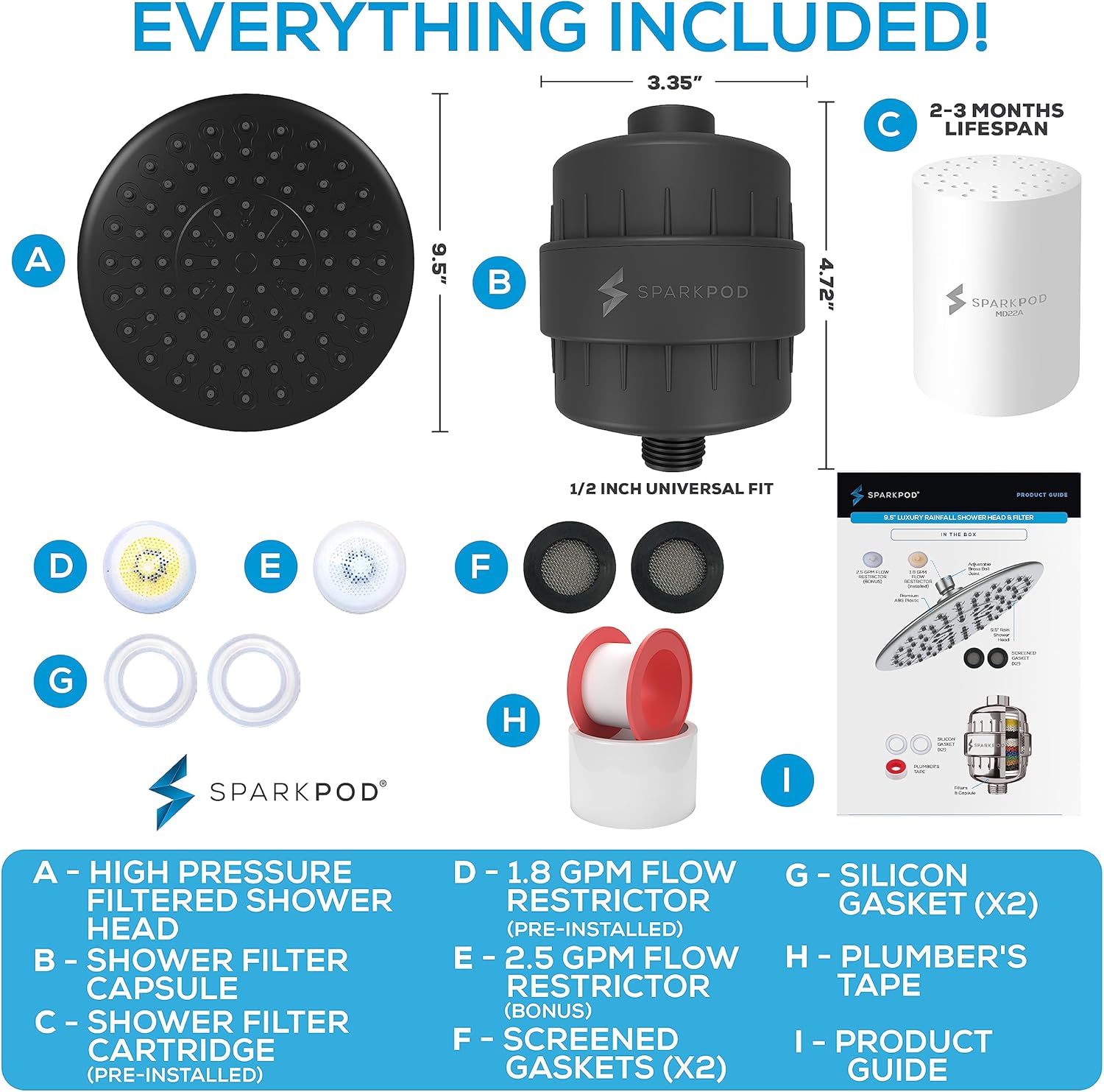 SparkPod High Pressure Shower Filter Head with Extension Arm - 9.5" Shower Head with Enhanced Formula Filter for Heavy Metals, Chlorine, and Chloramine Removal; Matte Black Finish