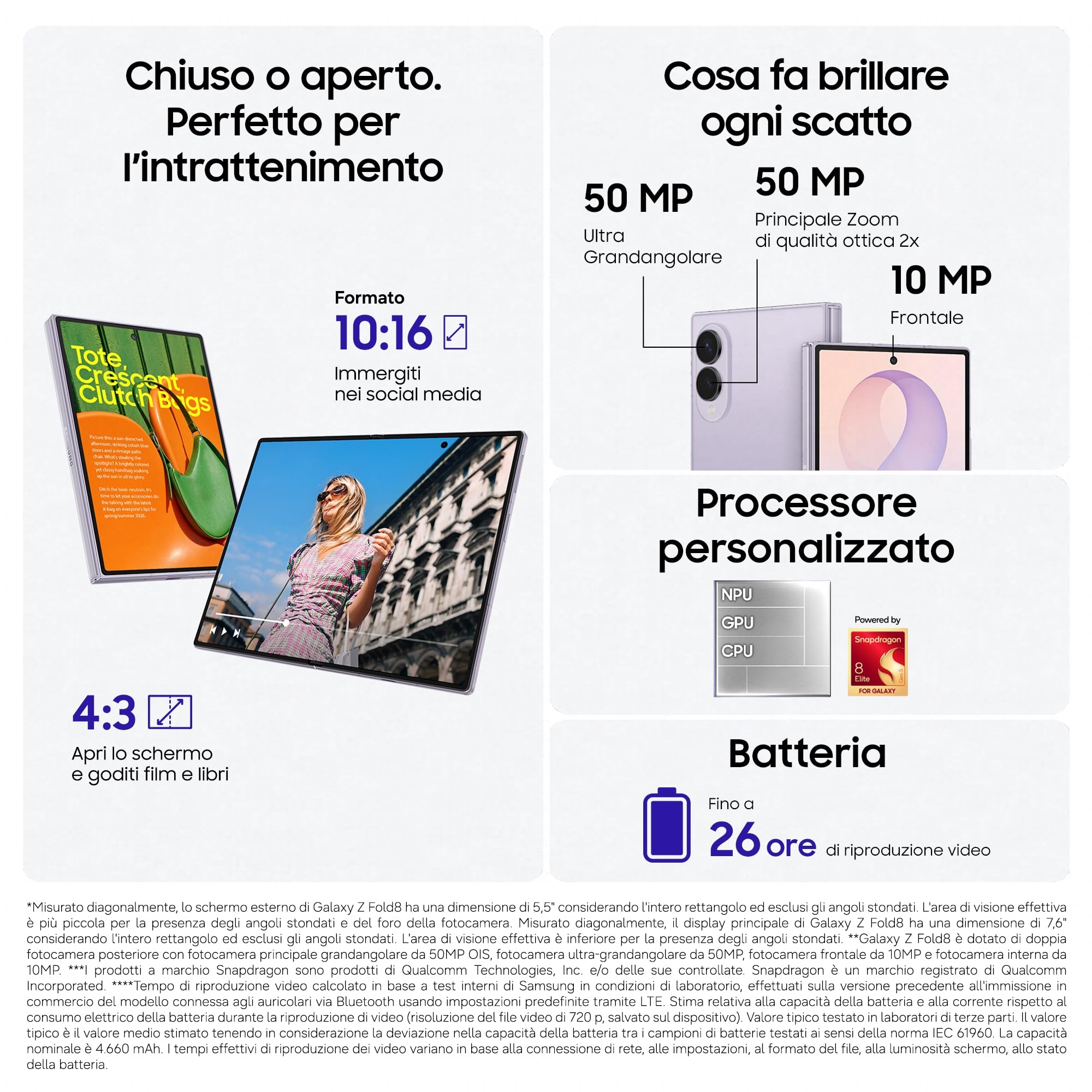 Samsung Galaxy Z Fold8, 1TB, Lavender [Versione Italiana] | Nuovo Formato, Rapporto Display Esterno 10:16 | Interno 4:3, Processore Potente, 4800 mAh, Camera 50MP, Assistente Foto