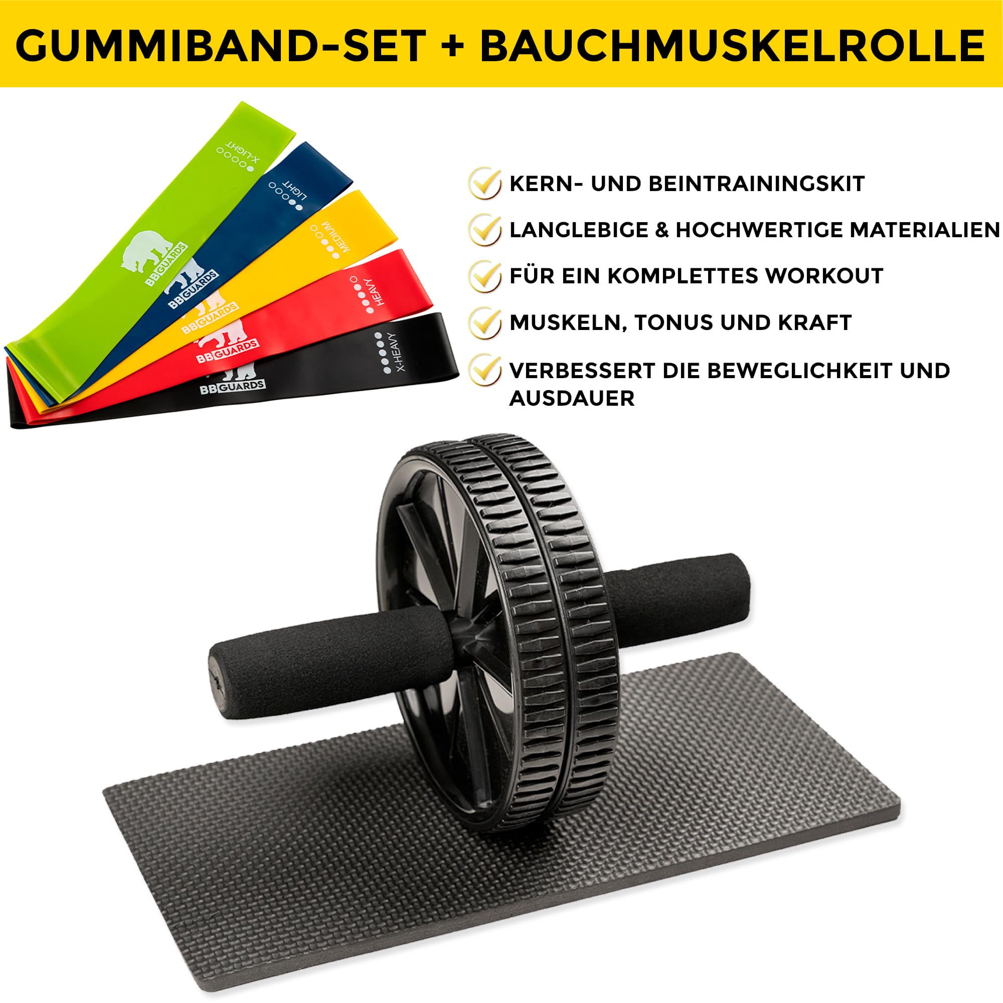 Komplett Set für Suspensionstraining mit schlingentrainer für zuhause (inkl. deckenhalterung), bauchroller bauchmuskeltrainer und Fitnessbänder set. Ab Roller, Gummibänder und sling trainer