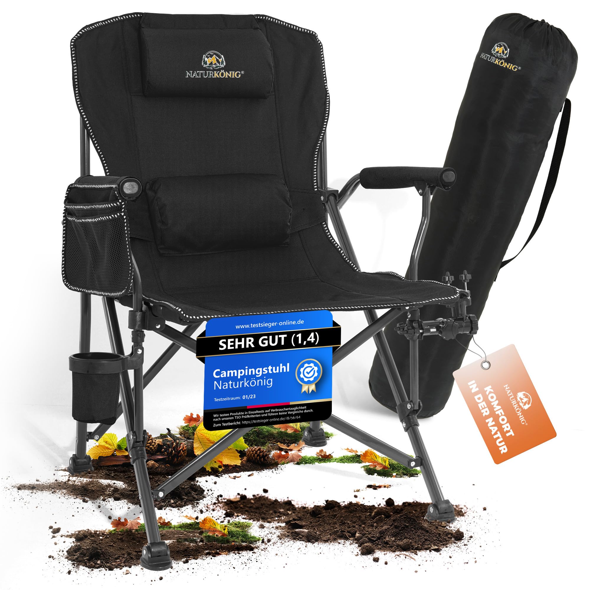 Naturknig Campingstuhl Faltbar Schwarz Stabil bis 160 kg [Ergonomisch  Groe Sitzflche] mit Kissen Tasche Getrnkehalter Klappbar | Angelstuhl  Faltstuhl Klappstuhl Camping Stuhl Strandstuhl - Angeln : Amazon.de:  Sonstiges