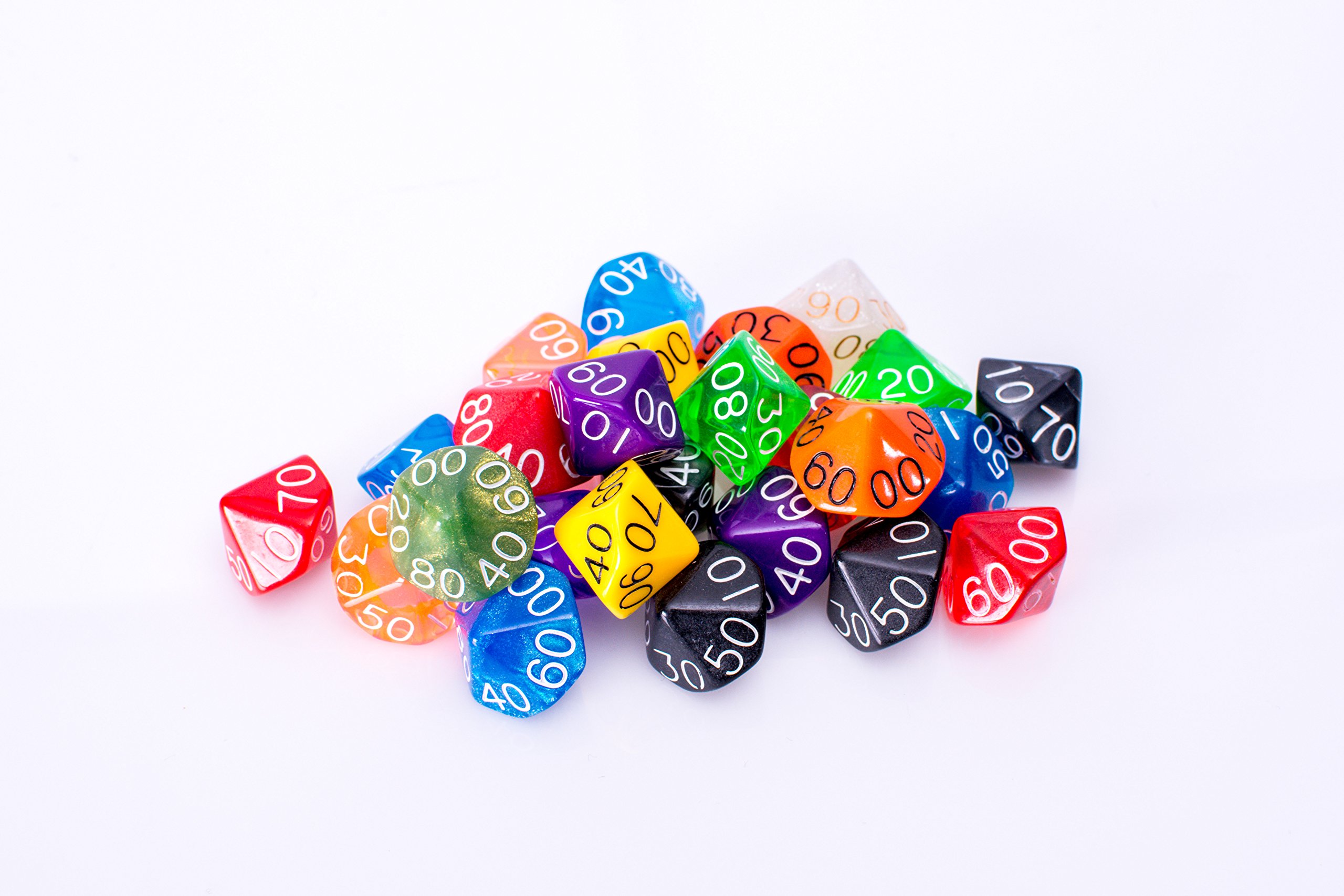 25 Count Assorted Pack of 10 Sided Percentile Dice - Multi Colored Assortment of D100 Polyhedral Dice