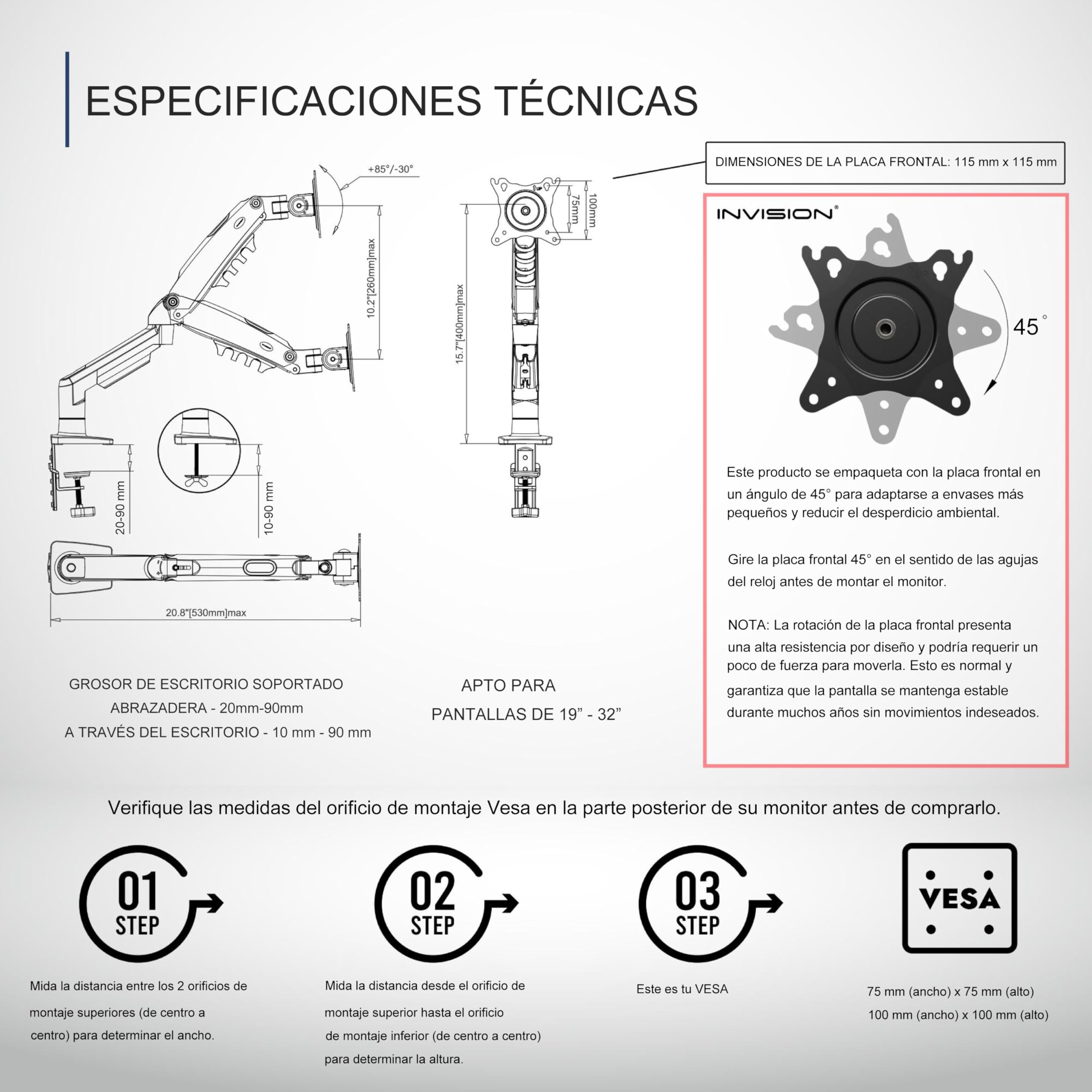 Invision Soporte Monitor Brazo para Pantallas 19-32 Pulgadas, VESA 75/100mm, Abrazadera Escritorio Soporte, Ajuste de Altura con Inclinación, Giratorio, Rotar, Capacidad Carga 2-9kg MX200 Brazo Único