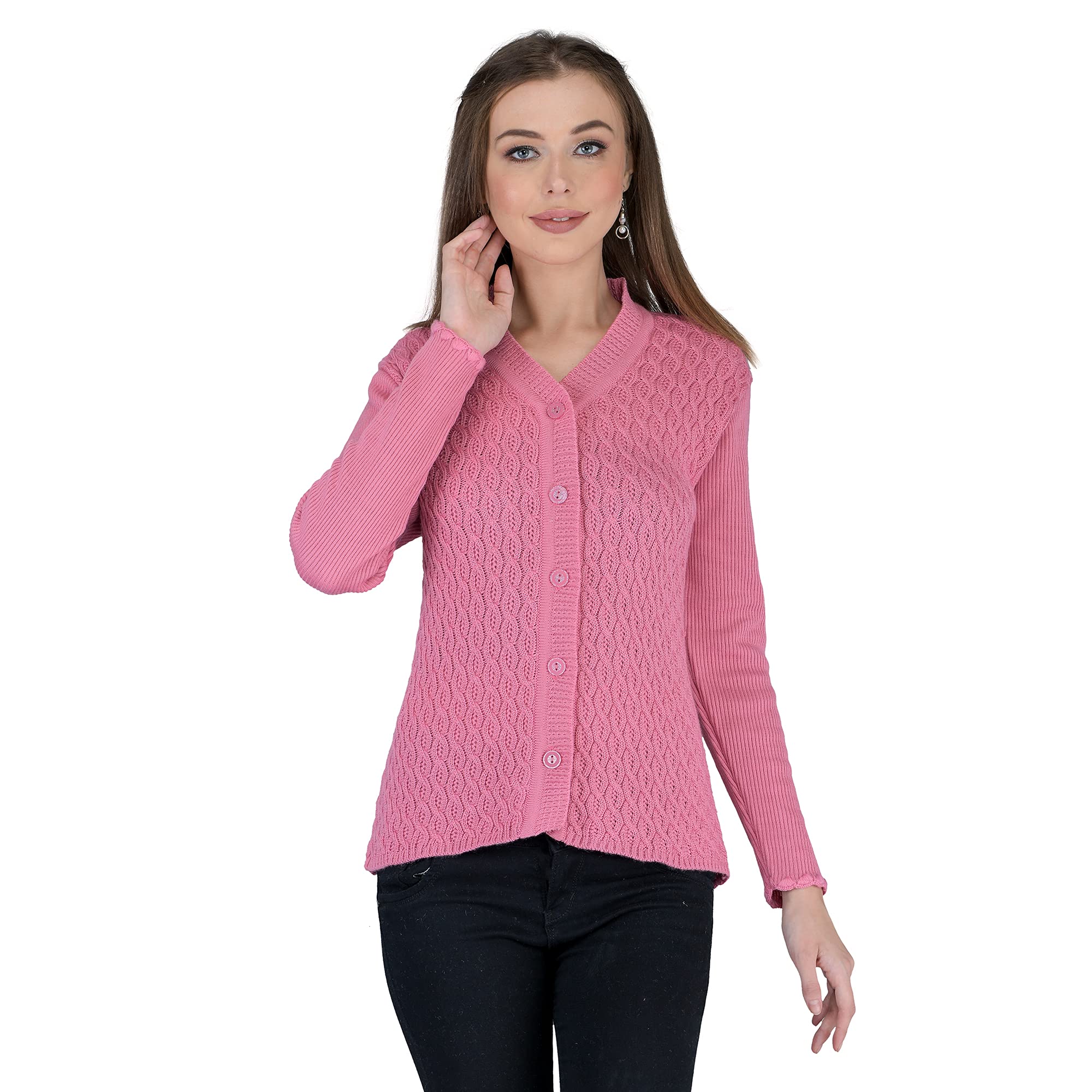 lady willington Women's Woolen V-Neck Cardigan - Heavy Daffodil Fabric, Winter Wear, Pure Wool, Free Size, Long, Fully Warm (L, Pink)-picture-34
