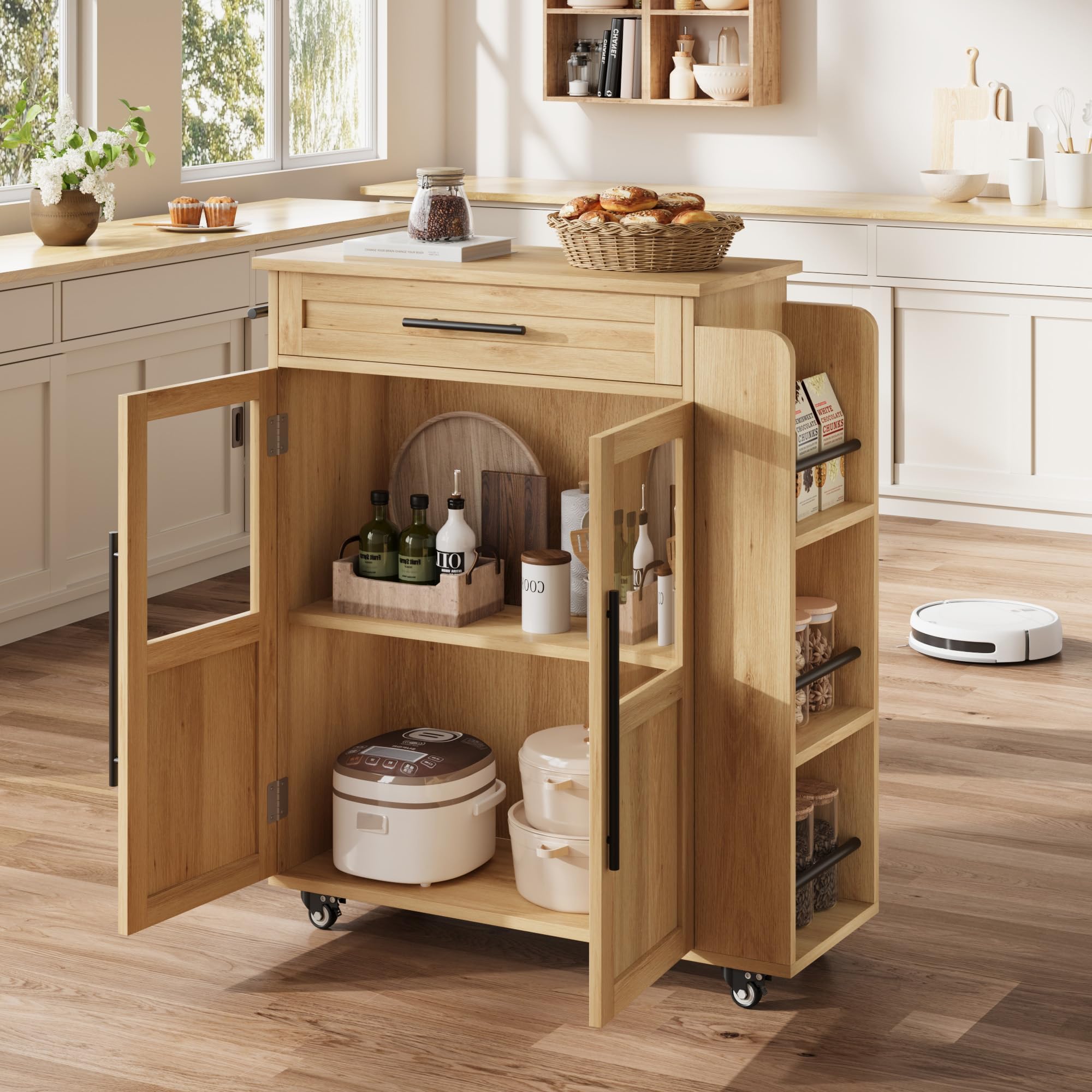 Îlot de Cuisine sur roulettes Style Farmhouse, Chariot de Rangement 60 cm - 2 Portes vitrées + 1 tiroir, étagères 3 Niveaux, Range-épices & Porte-Serviettes, Roues verrouillables - Bois