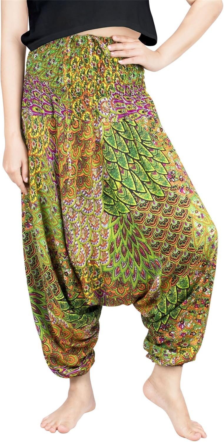LOFBAZ Yoga Harem Pants for Women Boho Hippie Bohemian Clothing Womens Indian Beach Gypsy Clothes Maternity Genie Jumpsuit Peacock 1 Light Green XL
