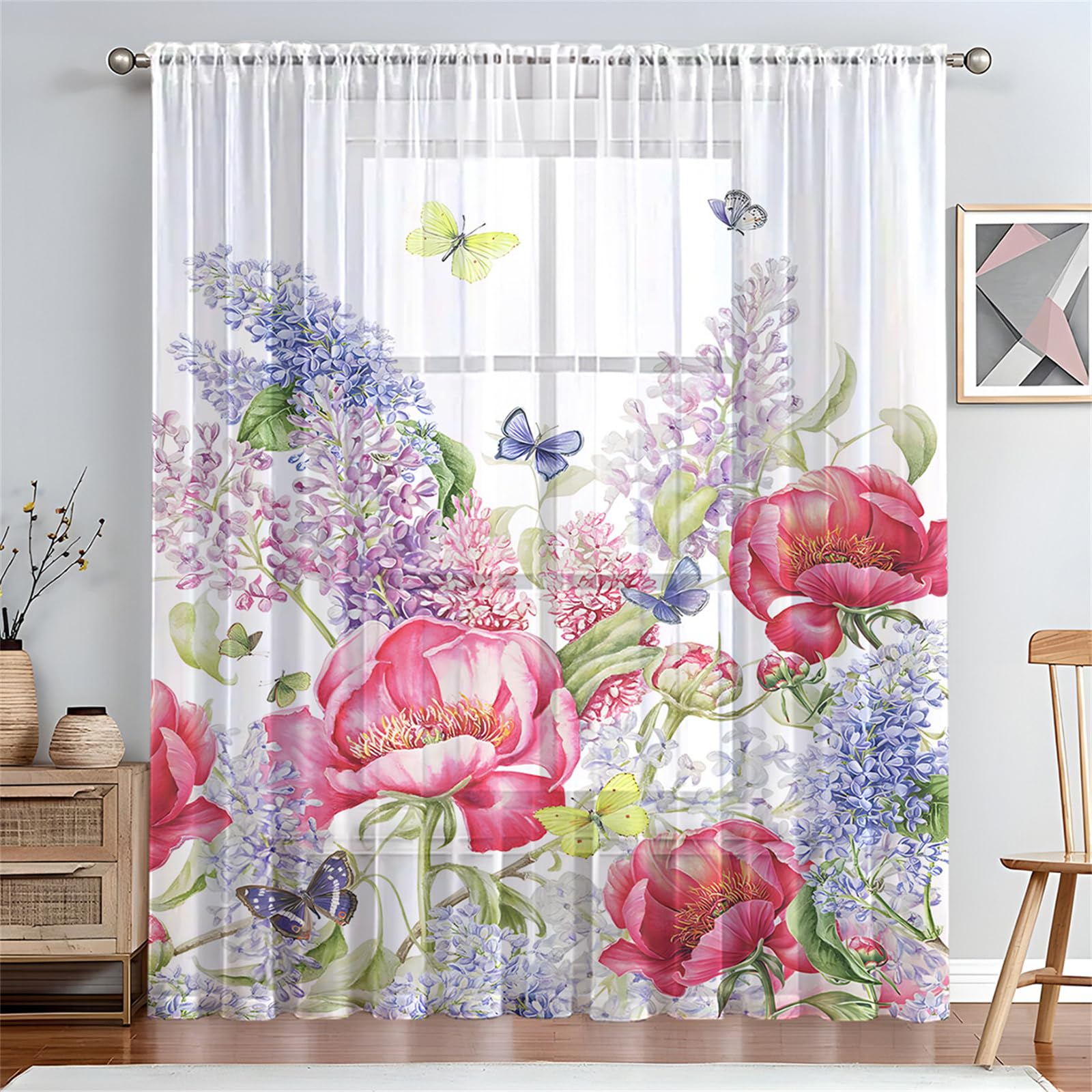 Surwin Net Curtains for Windows, Voile Curtain, 1 Panels Romantic Butterfly Print with Eyelets, Semi Transparent Lightweight Voile Panel for Living Room Bedroom Balcony (Garden,W100xH130cm)
