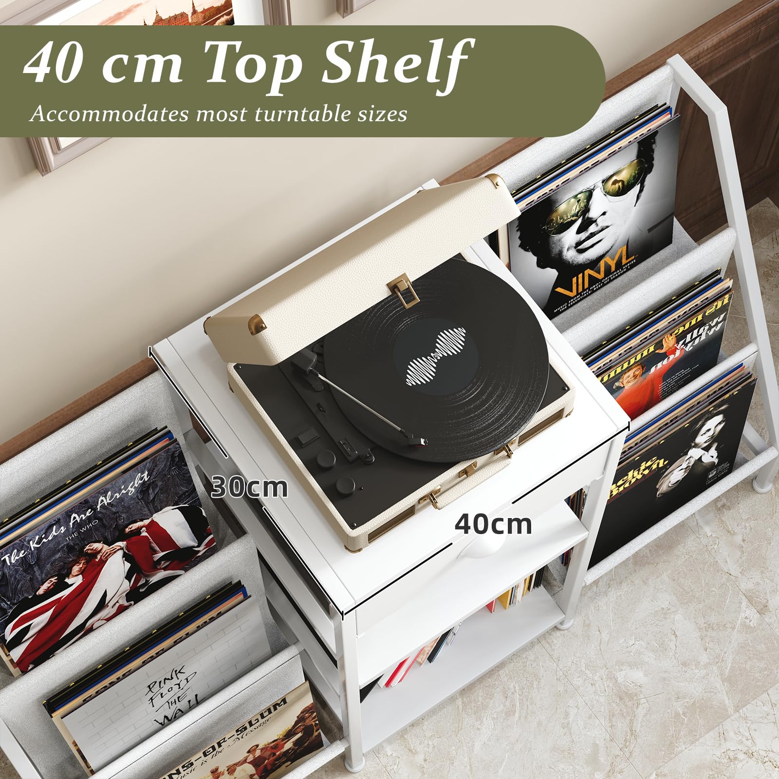Soporte para tocadiscos blanco con 3 niveles, almacenamiento de vinilo para hasta 280 LPs, moderno soporte para discos de vinilo y mesa auxiliar para tocadiscos, diseño minimalista, estantería para