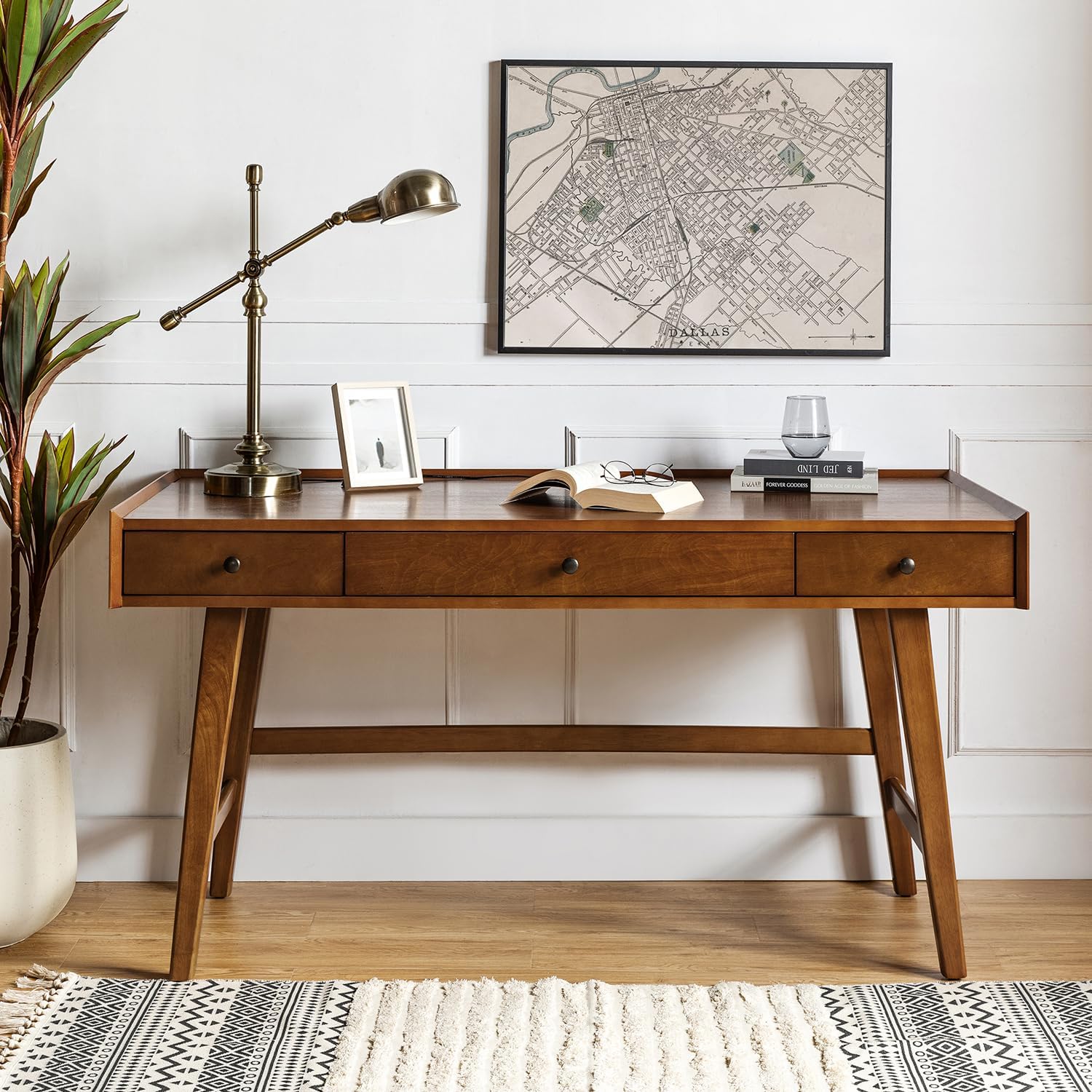 HULALA HOME Office Desk with 3 Drawers and Solid Wood Legs