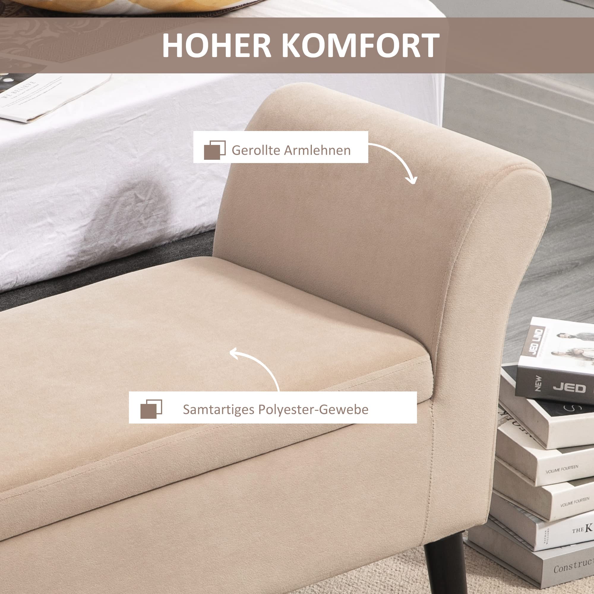 HOMCOM Sitzbank mit Stauraum mit Samtoptik 111,5 x 41 x 65 cm Beige | Polsterbank, Bettbank mit Holzbeine, Bank für Wohnzimmer Schlafzimmer Flur