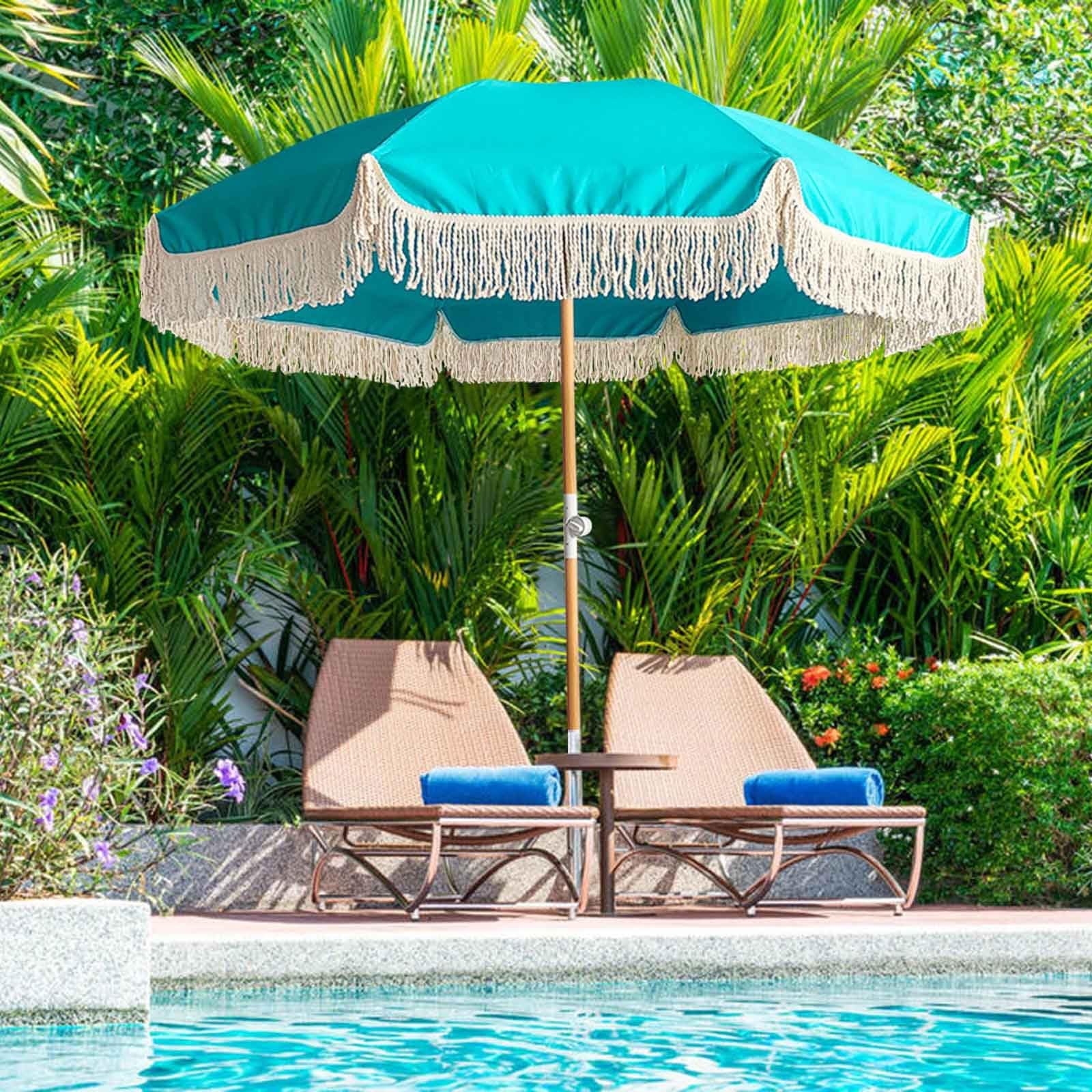 Outdoor Patio Umbrella Blue Beach Umbrellas For Sand With Fringe 6.5ft Sun Umbrella Uv Protection Portable Umbrella With Carry Bag Pool Umbrella Tilt Table Umbrellas For Outside Garden Deck Lawn