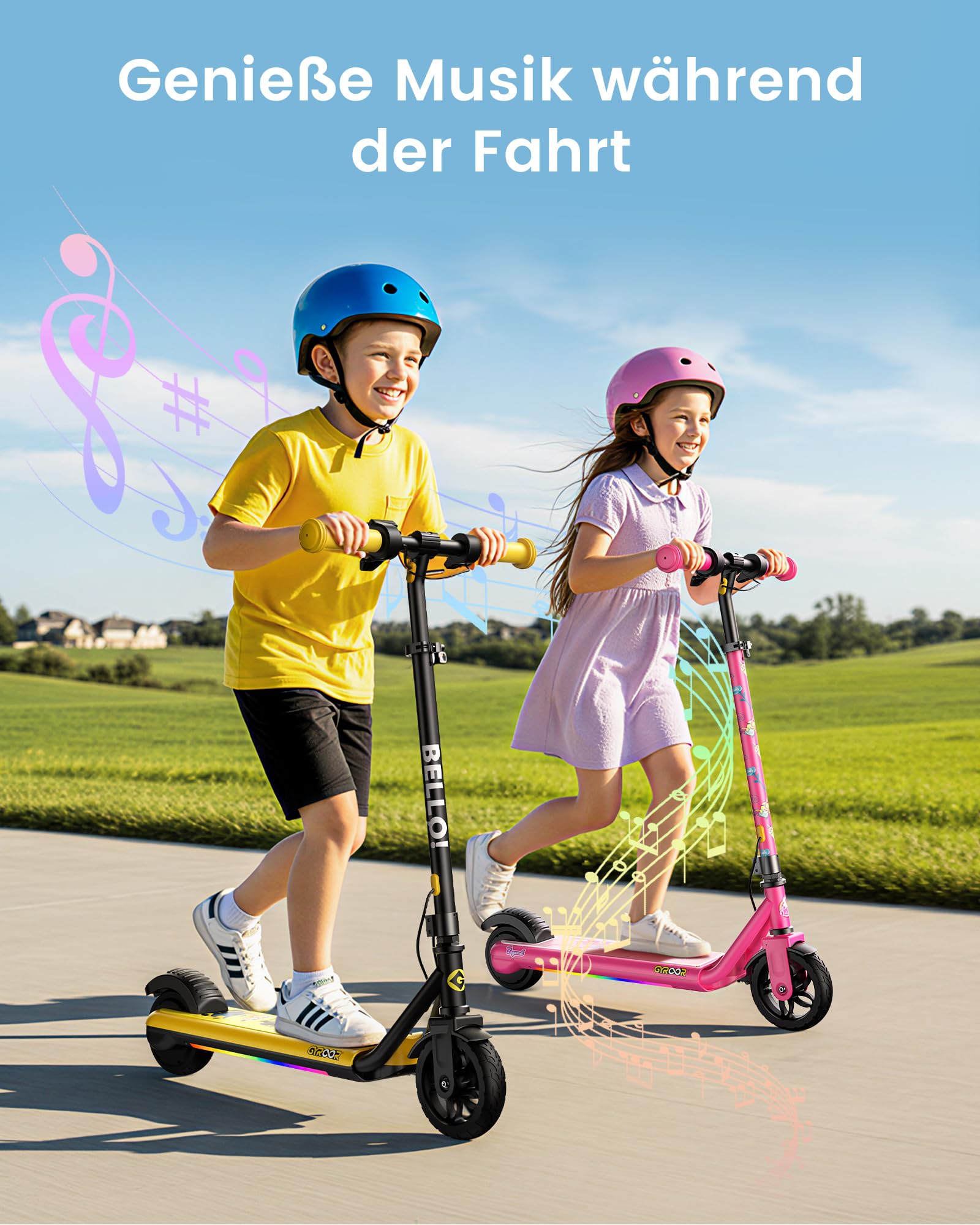 Gyroor H30 Max E Scooter Kinder 6-12 Jahre, 150W Motor Elektroroller für Kinder 10/13/16 km/h LED Digitalanzeige, Musik E Roller Kinder Doppeltes Bremssystem, 3 Einstellbare Höhe Elektrorscooter
