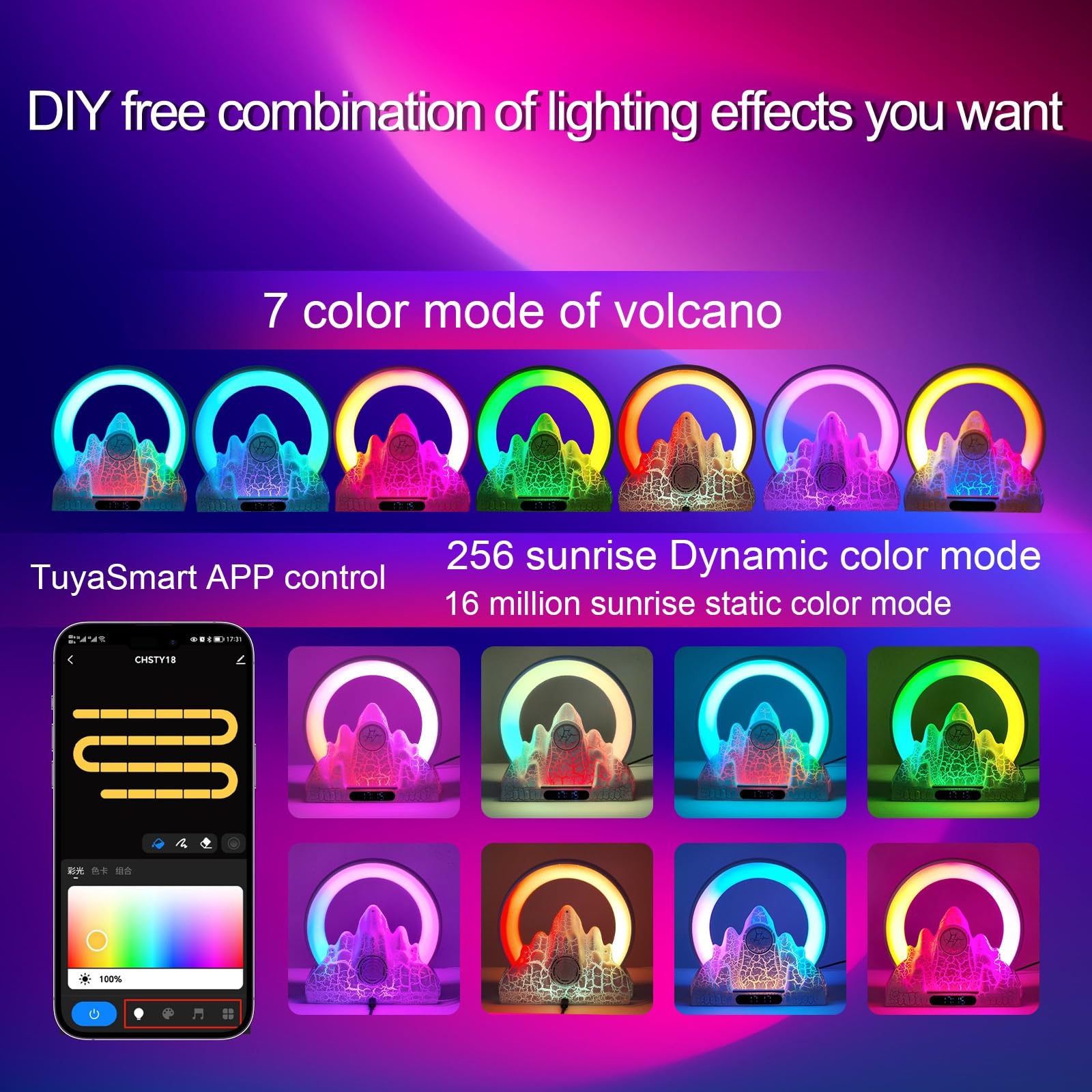 Réveil Lumineux Wake Up Light Sunrise avec Chargeur Sans Fil, Éclairage 16 Millions De Couleurs et Sons Naturels pour Décorer Votre Bureau Ou Votre Chambre à Coucher
