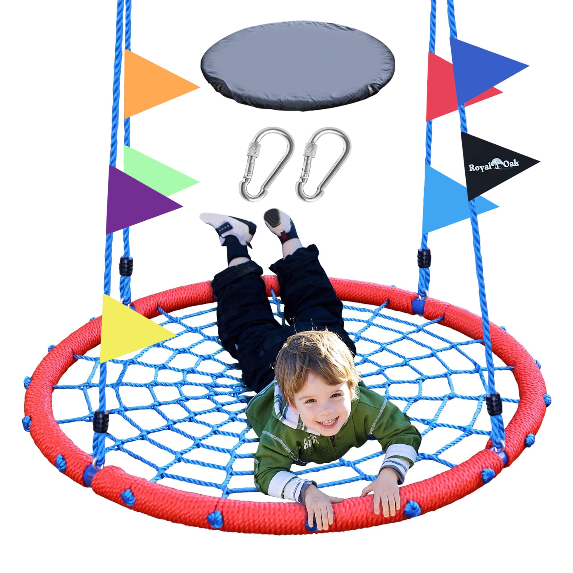 Royal Oak Giant 40" Spider Web Tree Swing, 600 lb Weight Capacity, Durable Steel Frame, Waterproof, Adjustable Ropes, Bonus Flag Set and 2 Carabiners,