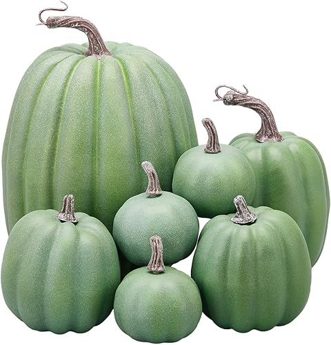 Juego de 7 calabazas artificiales de Halloween de plástico para decoración de modelos, manualidades, decoración de cosecha de otoño (verde oscuro,