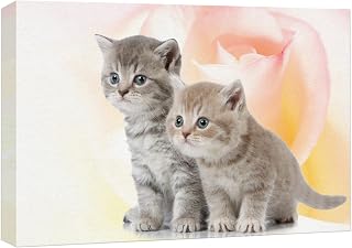 wall26 Canvas Print Wall Art Kitten Duo with Pink & Yellow Rose Flower Animals Wildlife Digital Art Realism Rustic Scenic Nature Photography Colorful for Living Room, Bedroom, Office - 16"x24"