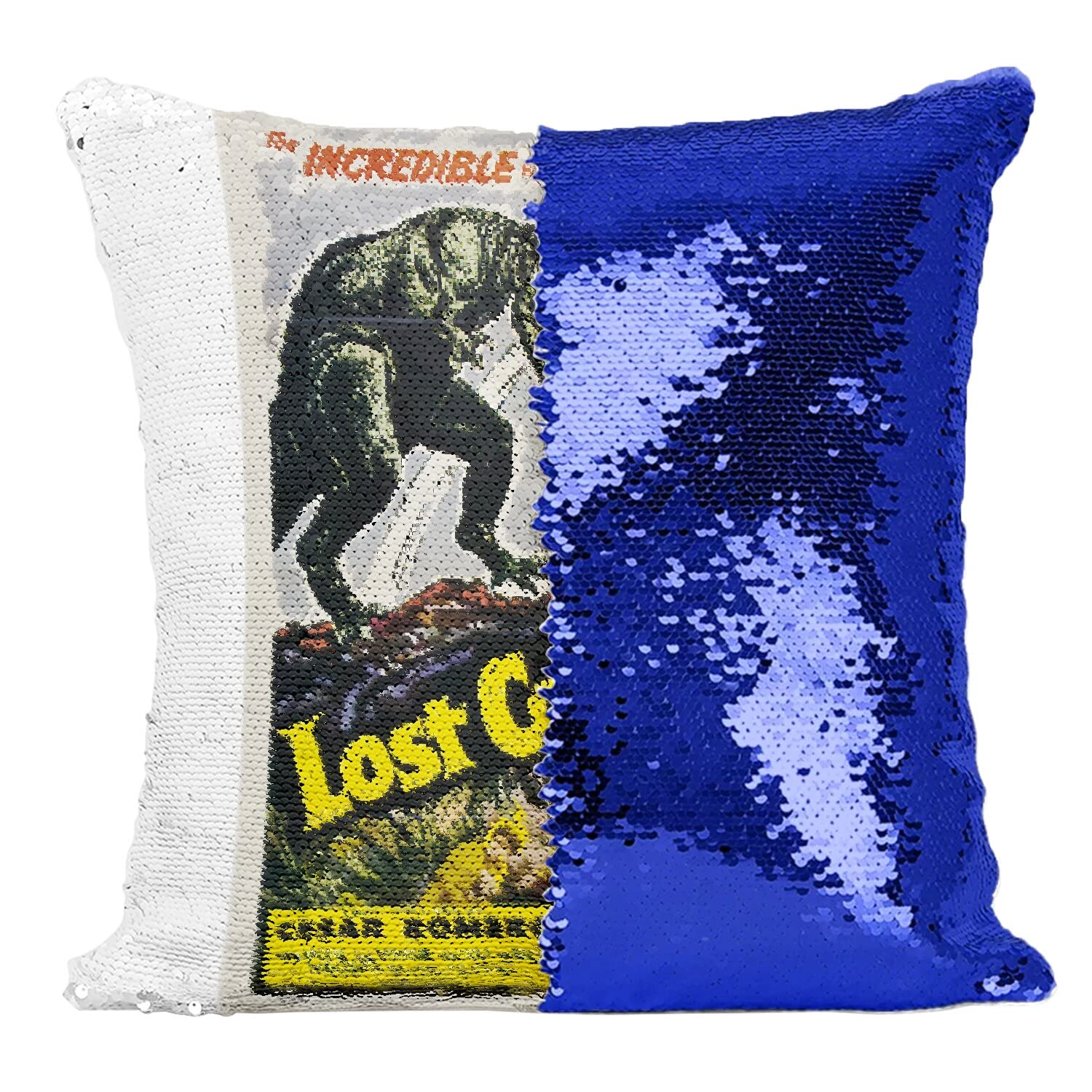 Coussin sequin bleu Lost Continent : sublimez enfin un canapé terne avec ce poster rétro