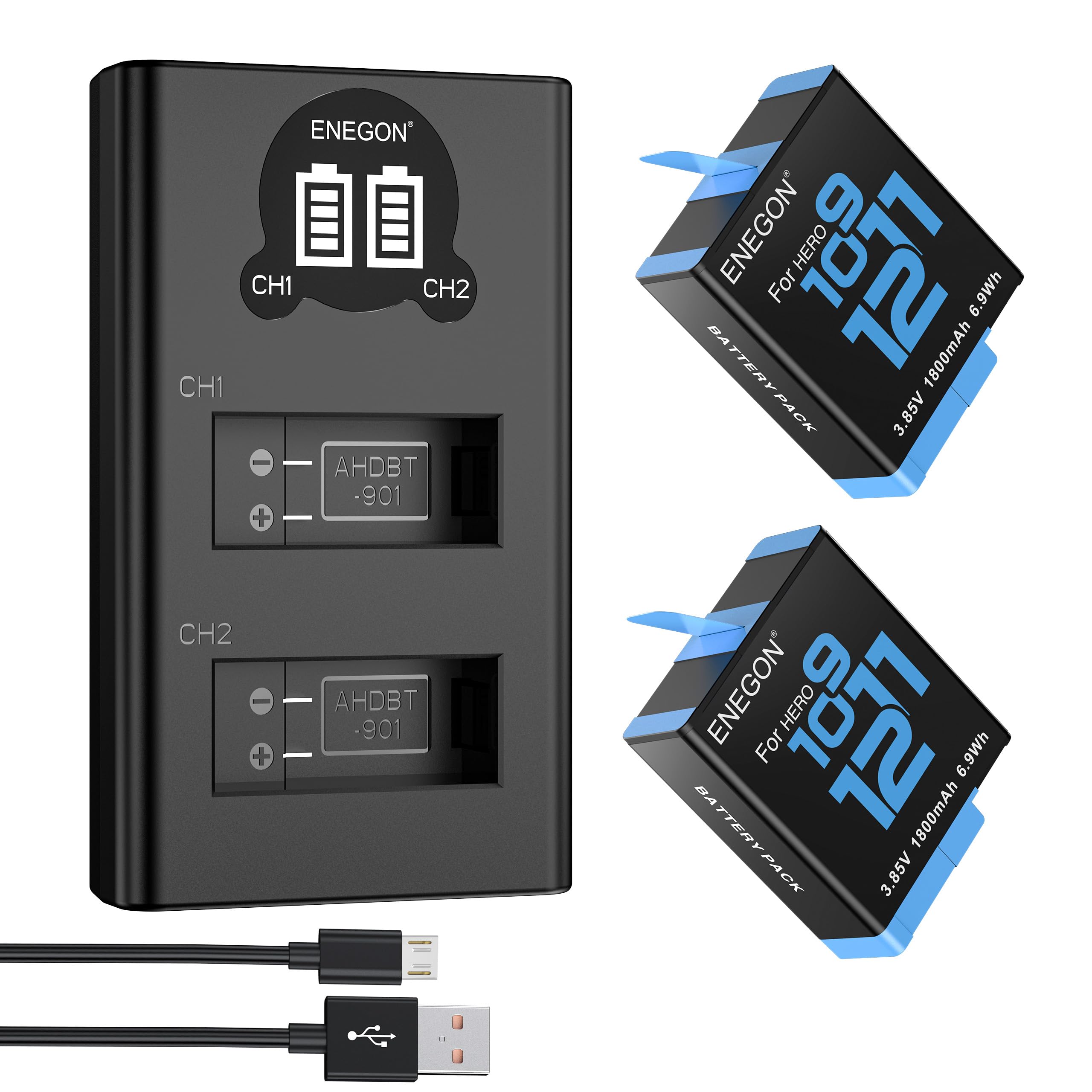 ENEGON Hero 12 11 10 9 Battery 1800mAh 2 Pack Rechargeable Li-Ion Battery and Dual Smart LCD Port Charger for Gopro Hero 12 11 10 9 Black Action Camera Battery Chargers