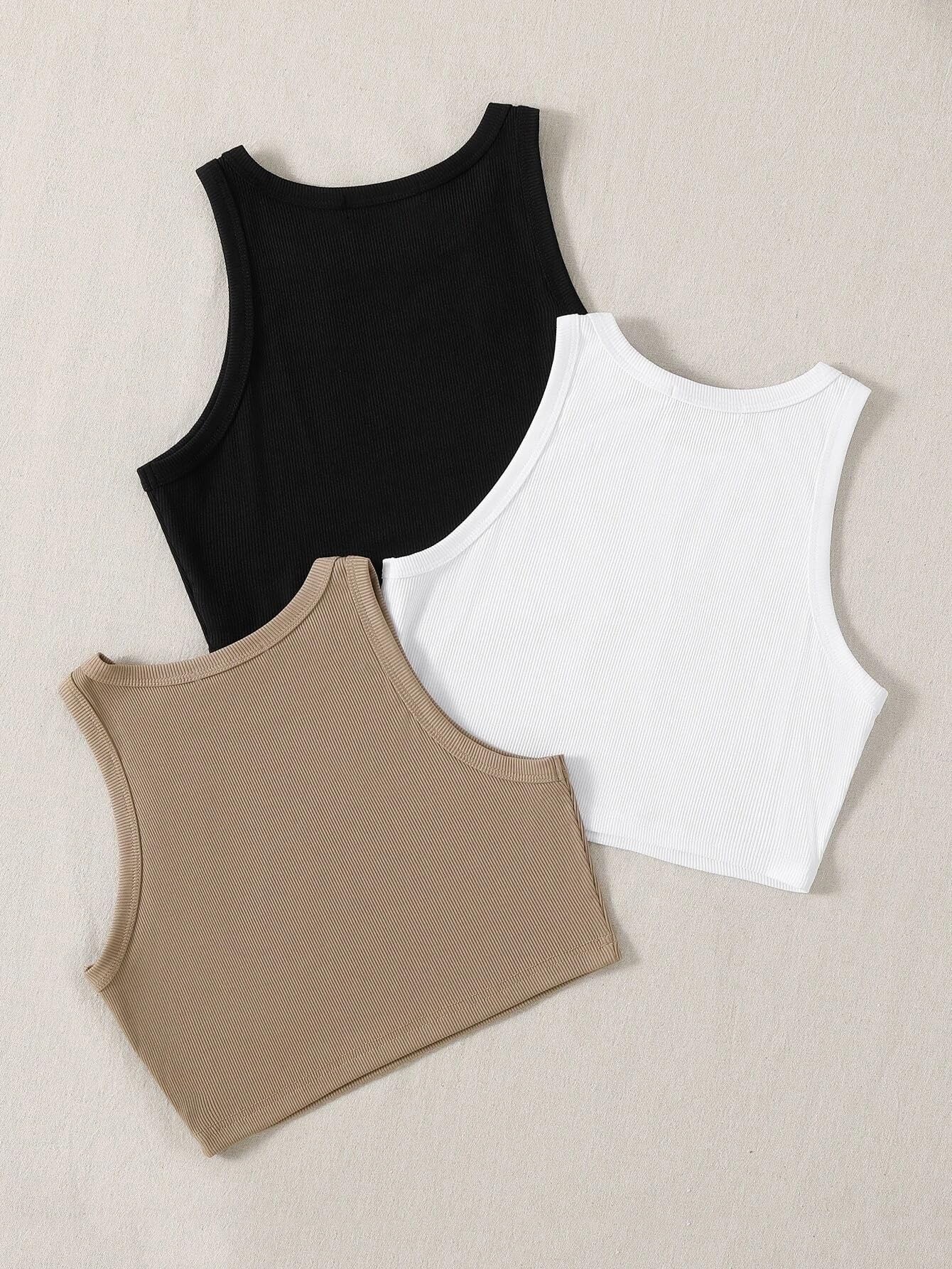 Toochki Top para mujer | Tops cortos de elastano | negro, blanco, beige, gris, corto, occidental, paquete de 3 unidades