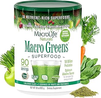 MacroLife Macro Greens Powder 38 Superfood Probiotics Antioxidants Digestive Enzymes & Adaptogen Supplement - Daily Super Green Juice & Smoothie Mix - Non-GMO Vegan Gluten-Free - 30 oz (90 Servings)