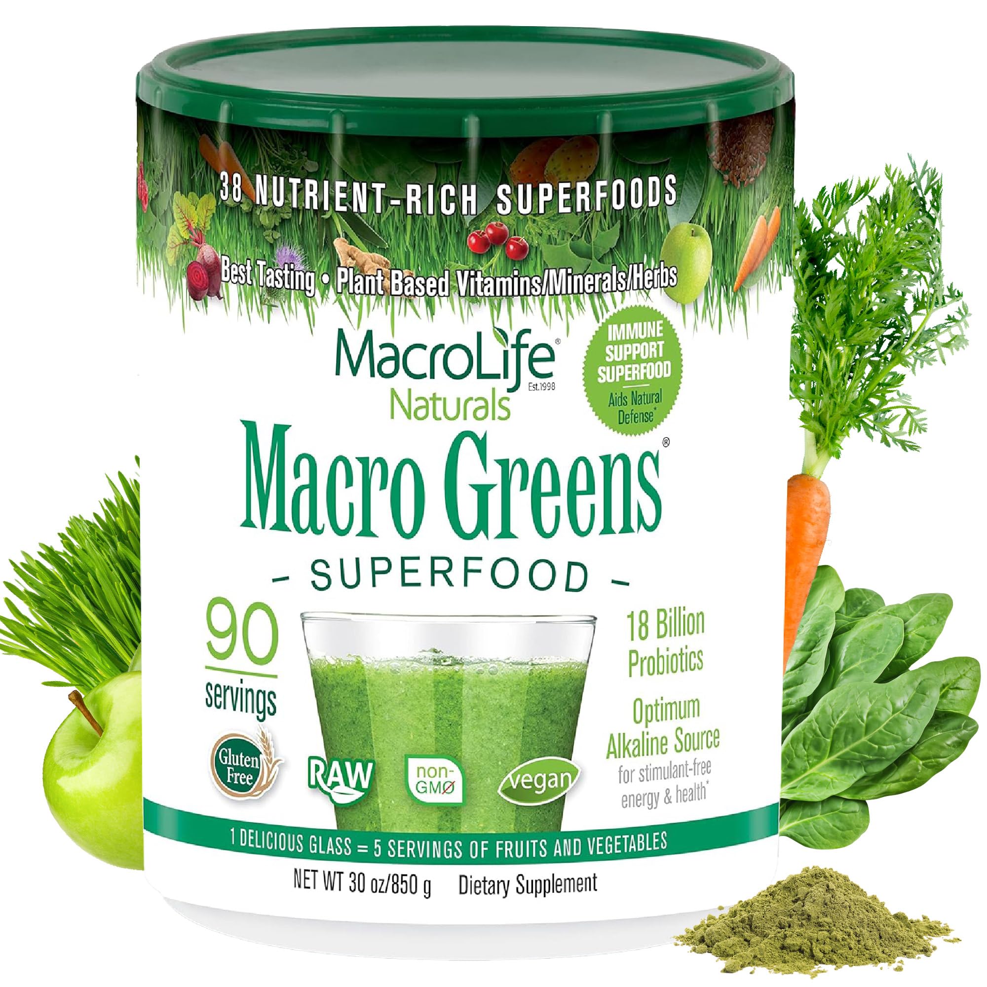 MacroLife Macro Greens Powder 38 Superfood Probiotics Antioxidants Digestive Enzymes & Adaptogen Supplement - Daily Super Green Juice & Smoothie Mix - Non-GMO Vegan Gluten-Free - 30 oz (90 Servings)