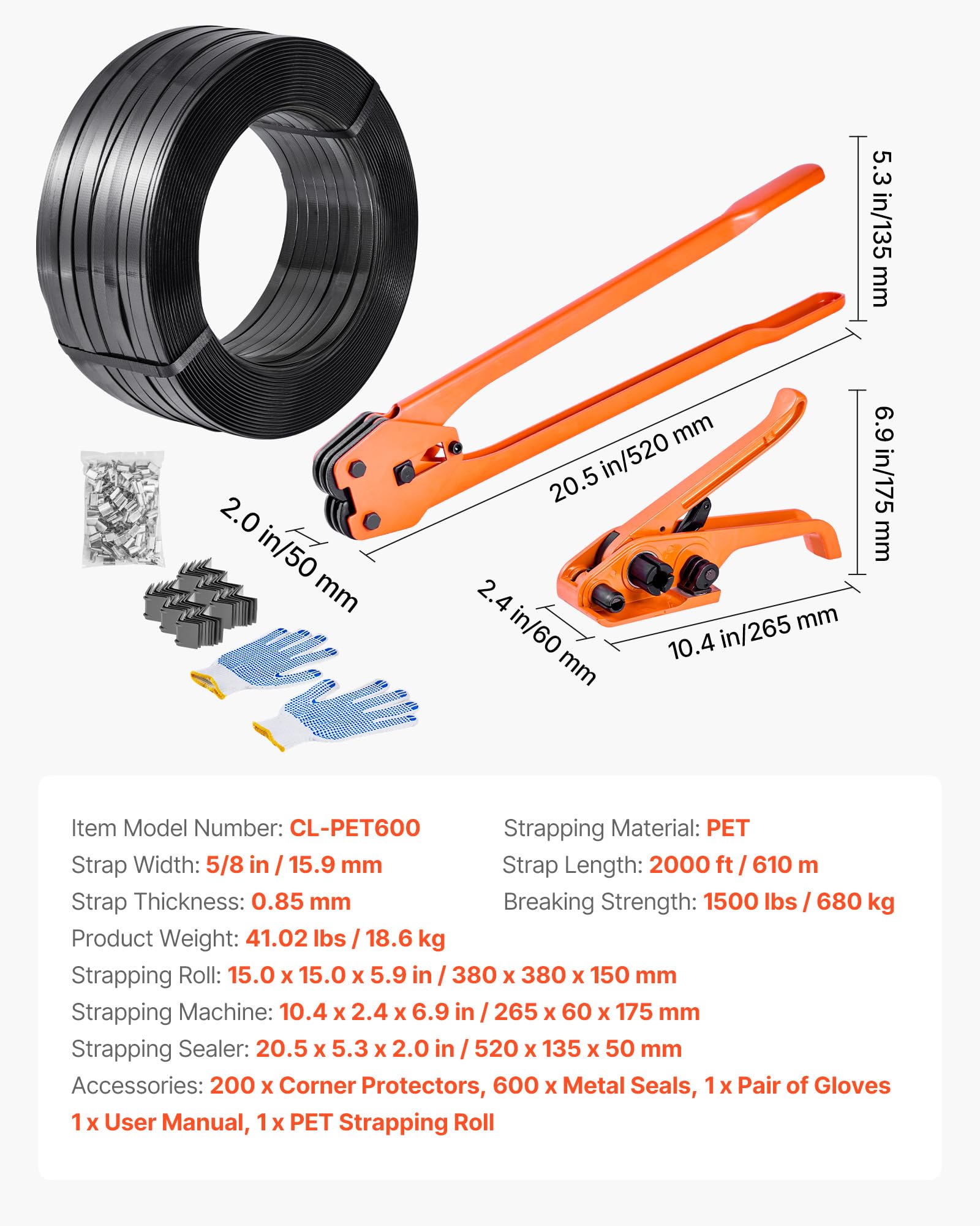 VEVOR 6 tlg Umreifungsset mit Umreifungsband, manuelles Umreifungsgerät mit 610 m PET Band, 600 Metallklammern, 200 Kantenschutzern