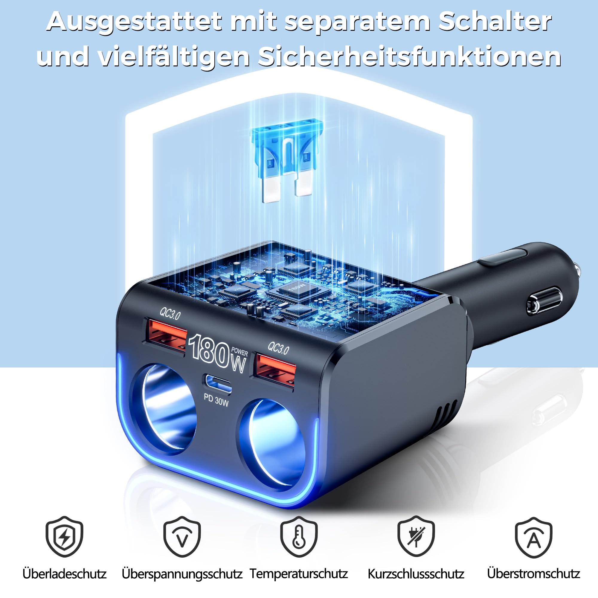 SONRU180W Zigarettenanzünder Verteiler 5 in 1, 24/12 Volt Steckdose Auto Ladegerät KFZ Doppelsteckdose Adapter mit Zwei USB Typ-C Schnellladeanschluss