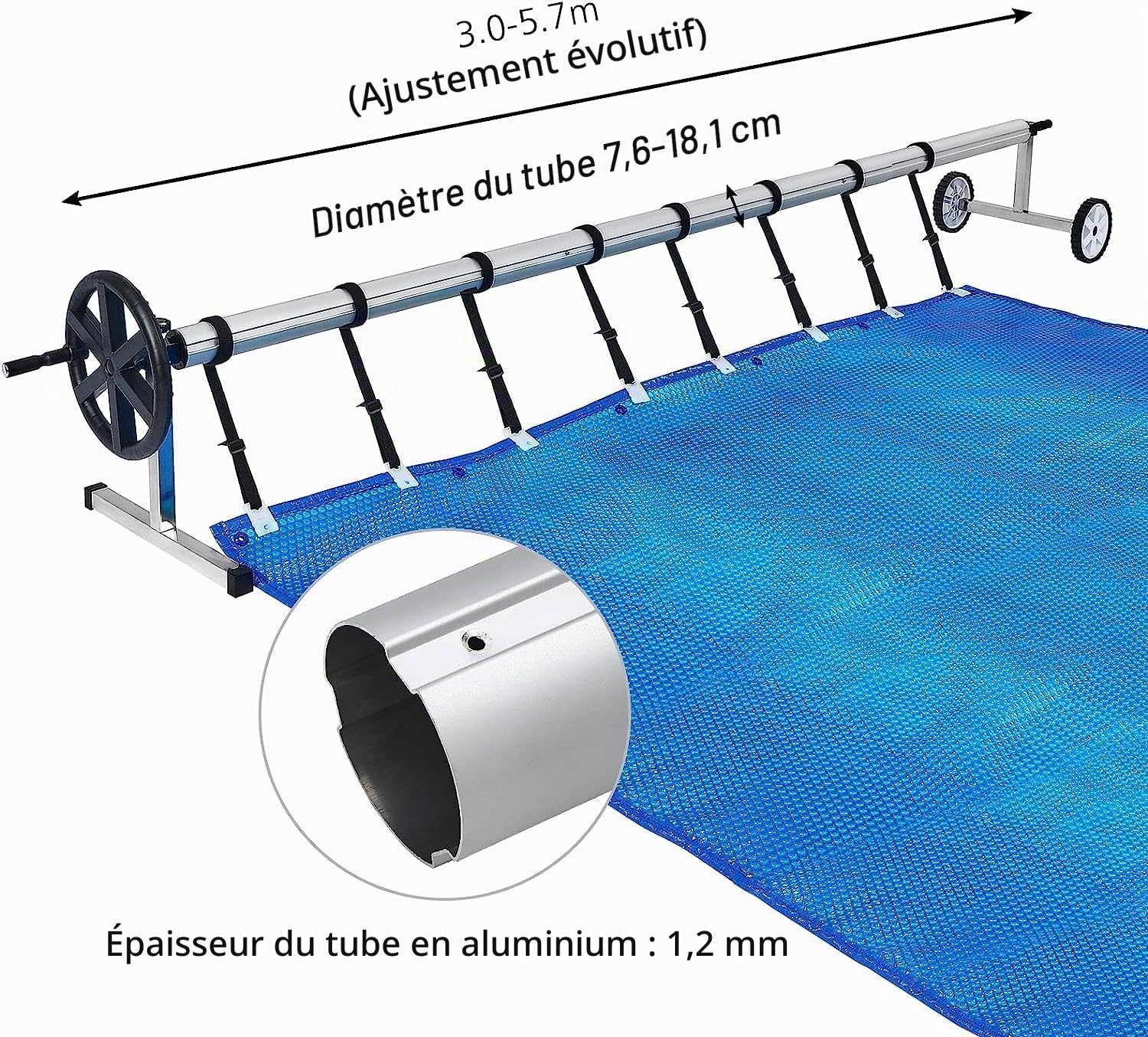 Aufun Enrouleur de piscine de qualité supérieure - Système d'enroulement en aluminium - 3 m - 5,70 m - Avec fixation et rouleaux - Pour bâches solaires et couvertures de piscine - Enrouleur de piscine
