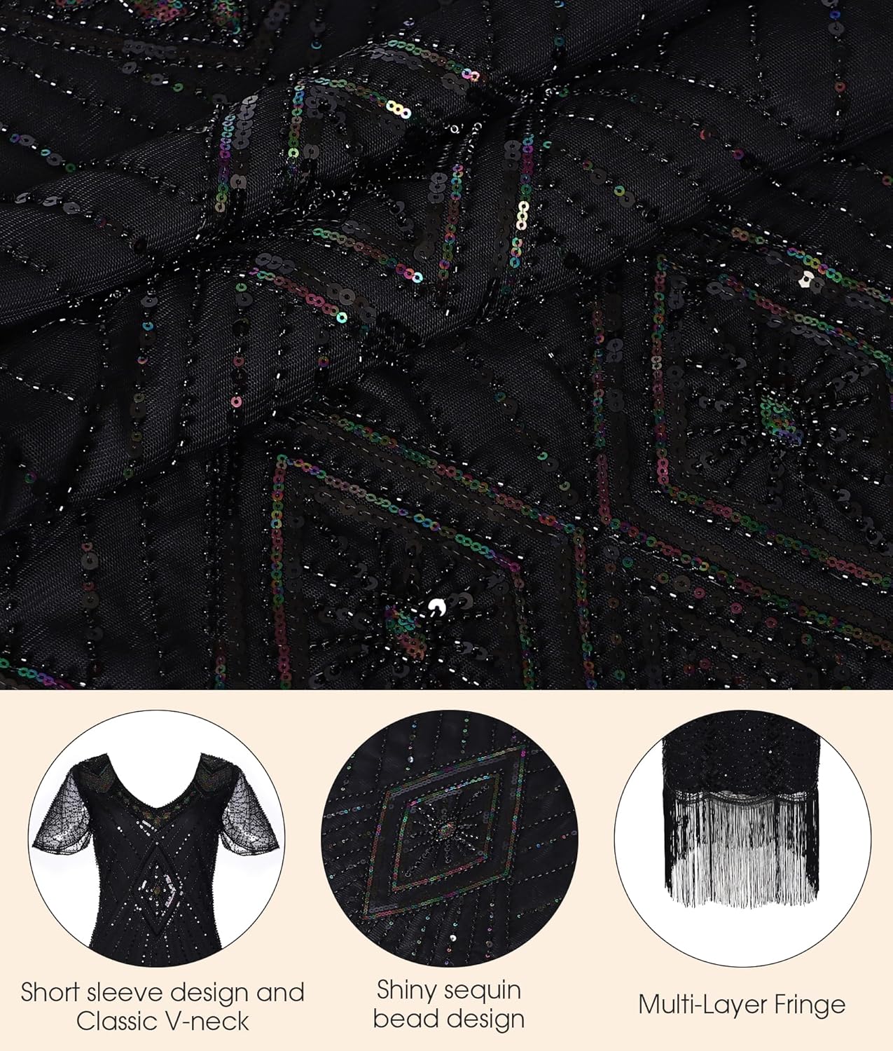 1920s Dresses for Women, Great Gatsby Dresses Roaring 20s for women, Sheer Beaded Sleeves Costume with accessories