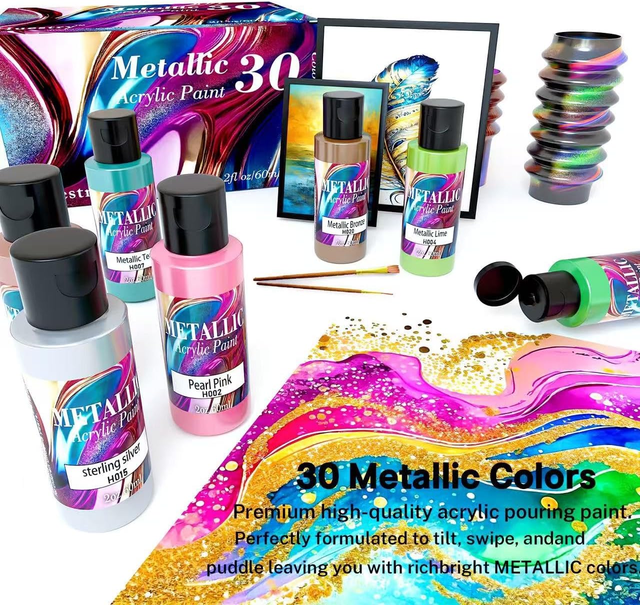 Metallic Acrylic Paint Set of Premium 30 Colors, Professional Metallic Paint with 2 fl oz（60ml） Bottles