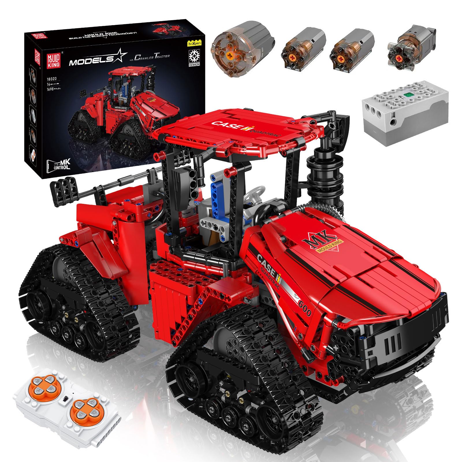 Mould King 18020 Technik Remote Controlled Tractor Building Blocks, MOC Electric Chain Tractor with 4 Motors