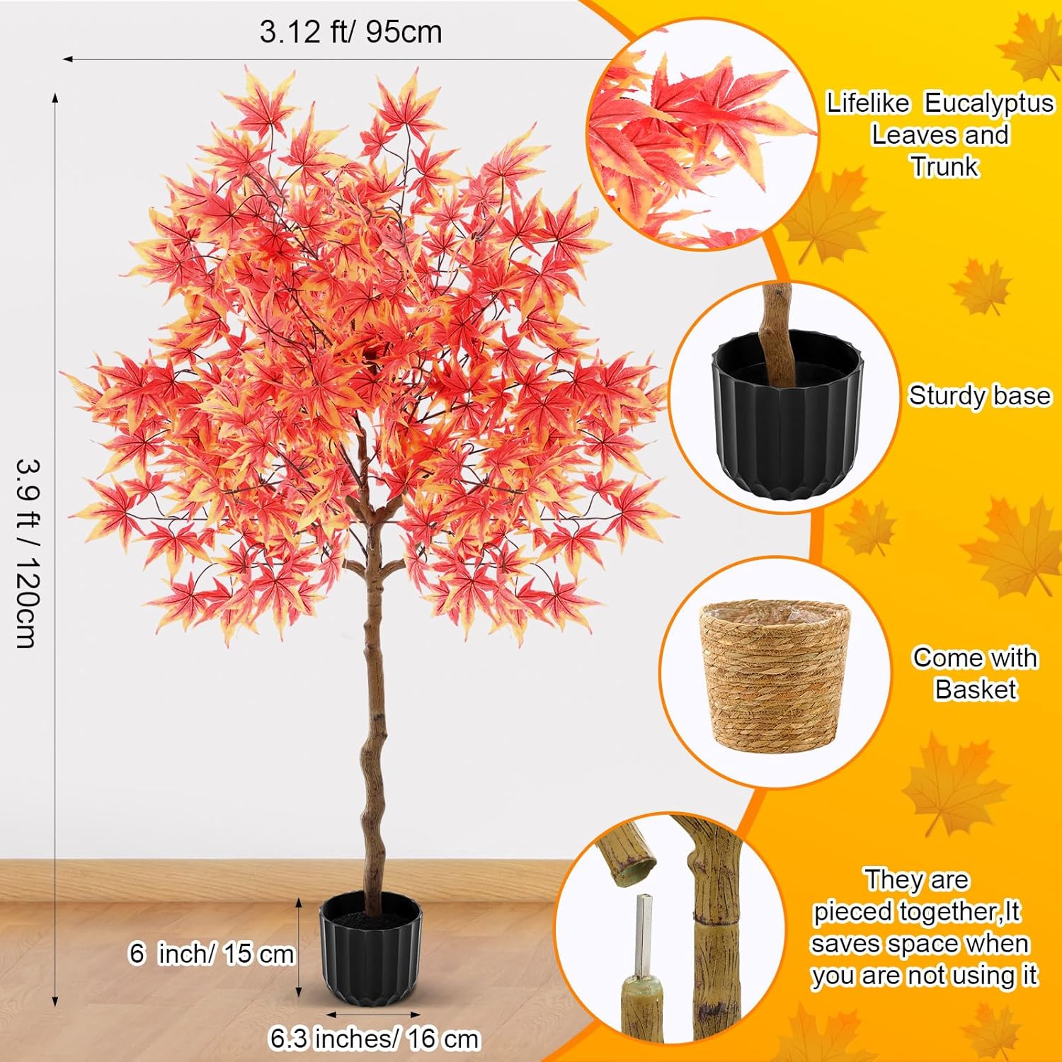 giegxin 2 pack 4ft thanksgiving day artificial maple trees with weaving plant baskets faux fall tree stem with maple leaves thanksgiving orange potted fake plants decor for porch front home office maple leaves dark orange