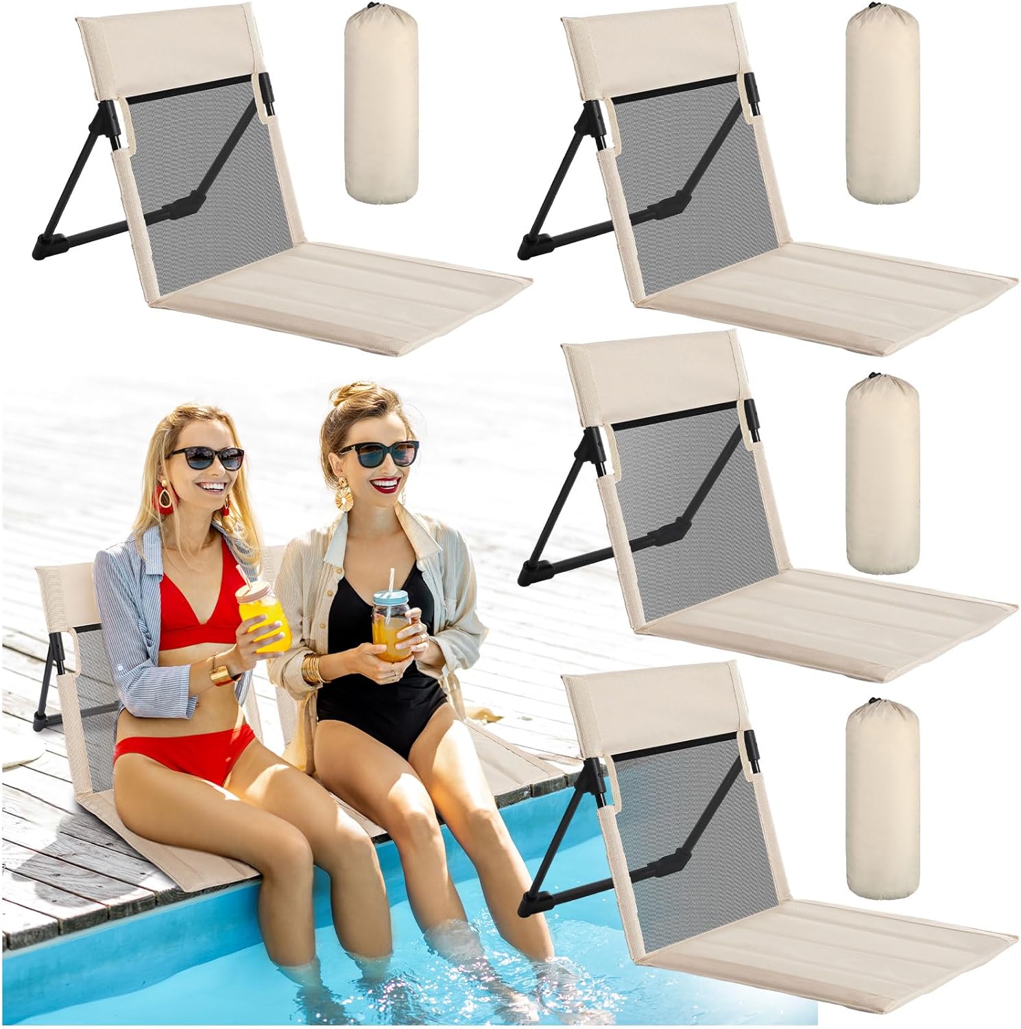 Karenhi 4 Pcs Foldable Poolside Chairs Portable Beach Chair Folding Seat for Edge of Pool Provide Back Support with Carry Bag for Adults Traveling Camping Picnic Lawn