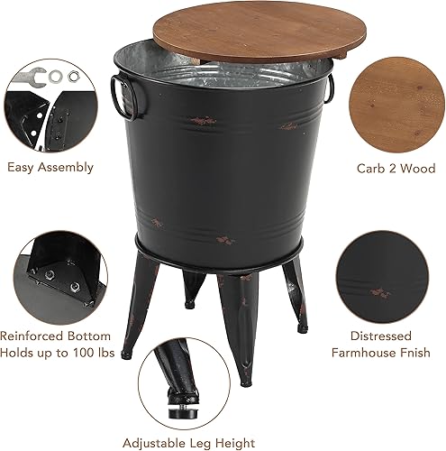 Miniatura 5 de RUSTOWN Mesa auxiliar decorativa de granja, mesa de café o cóctel con extremo galvanizado rústico antiguo, contenedor de metal con tapa redonda de