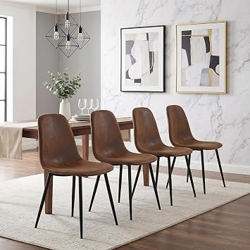 gopop Dining Chairs Set of 4, Upholstered Dining Chairs with Curved Backrest and Black Metal Legs, Modern Armless Kitchen Chairs, Brown Mid Century Dining Chairs for Dining Room, Kitchen, Living Room