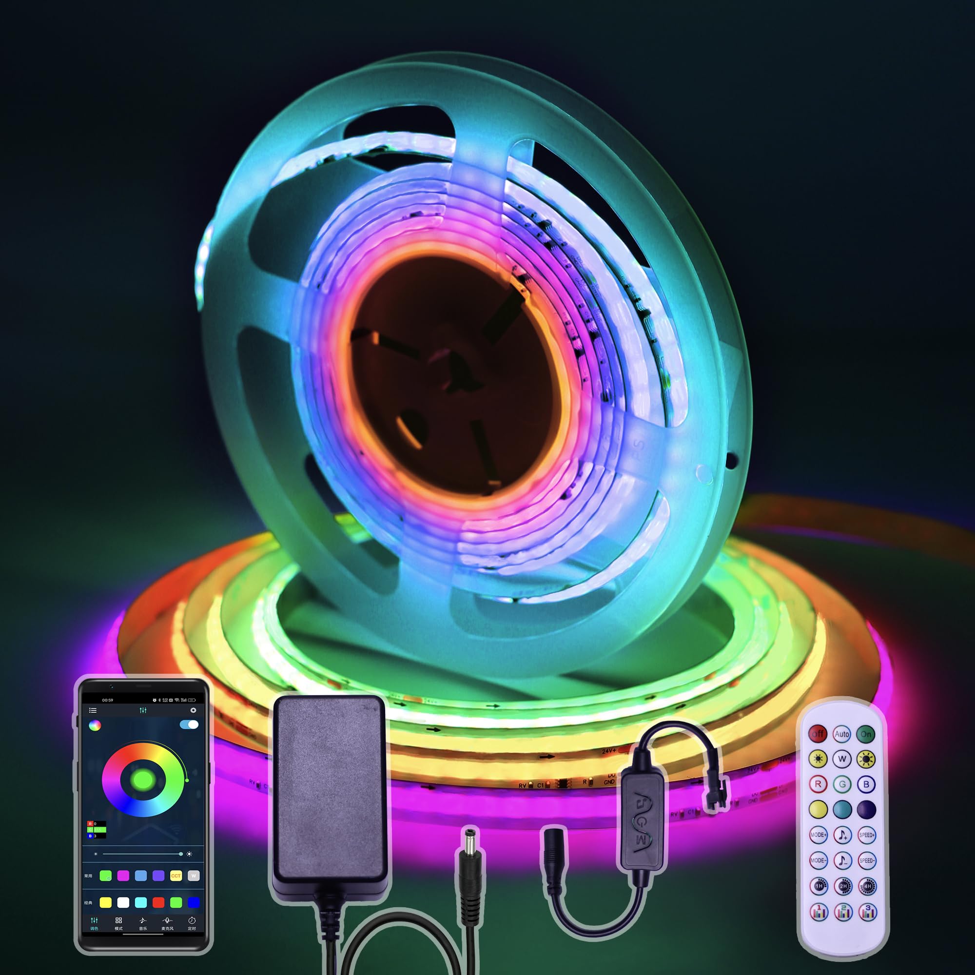RGB+IC COB LED Strip 5m, 24V WS2811 COB LED Strip Light, Pixel Addressable RGB LED Tape, Colour Chasing Strip Lights