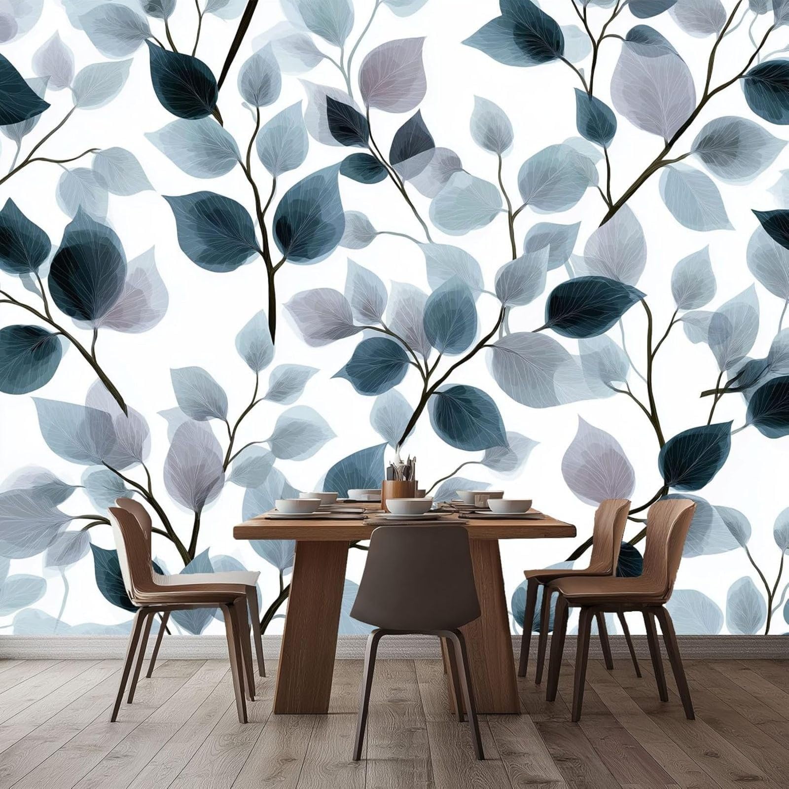 Minimalist White, Watercolor Leaves and Branches Photo Wallpaper for Children's Room, Living Room, TV Background - Modern Wall Decoration, 250cm x 175cm Stickers - Frameless Painting - Poster