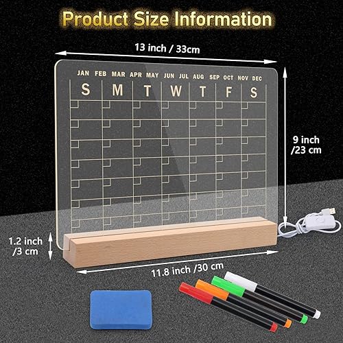 Miniatura 2 de Windsepeed - Pizarra acrílica de borrado en seco con soporte iluminado, calendario mensual de 13 x 9 pulgadas, calendario de escritorio incluye 4