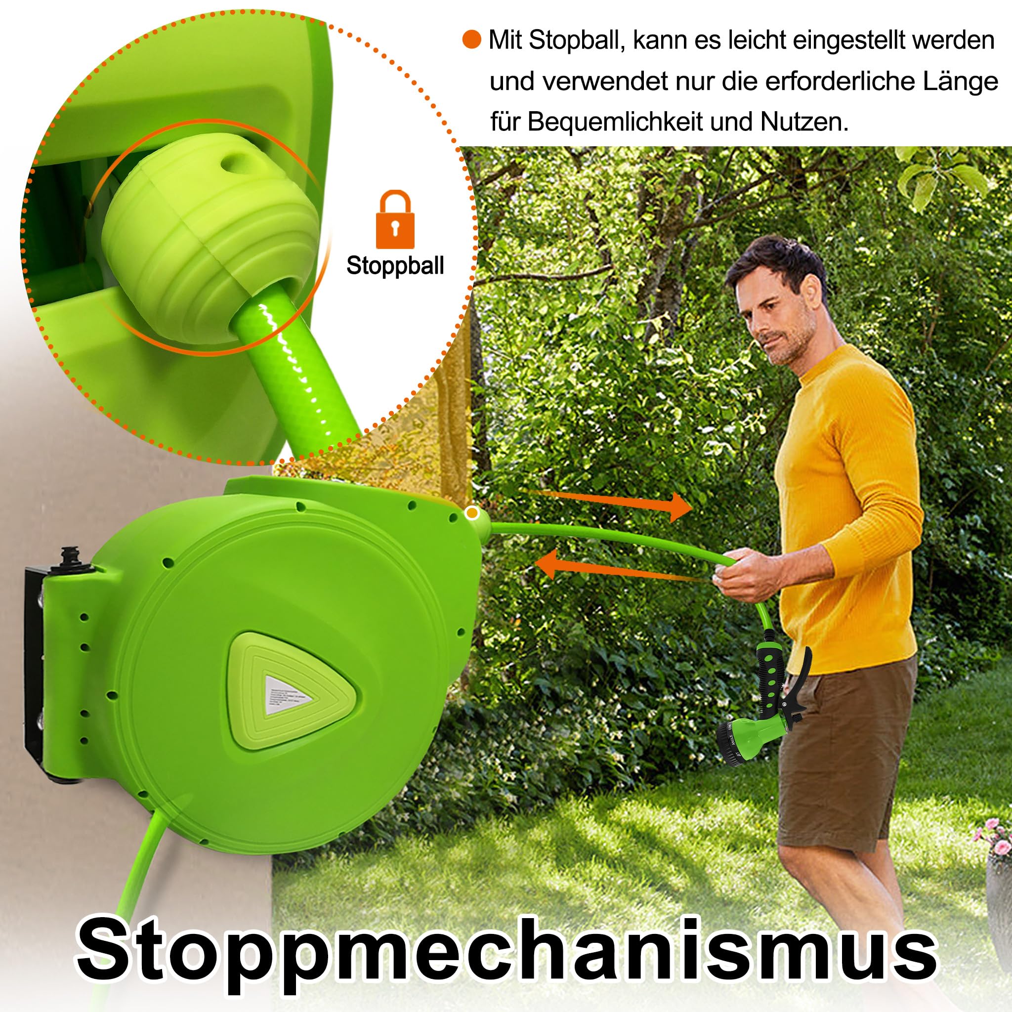 Aufun Carrete de manguera Retráctil 30m + 2m automático con Ducha de mano, Soporte de pared Múltiple con asa de Transporte para jardín, riego, lavado de autos (Verde,30M)