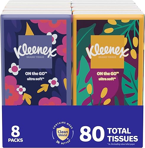 Kleenex Pañuelos faciales para llevar, 8 paquetes para llevar, 10 pañuelos por caja, 3 capas (80 en total), el embalaje puede variar
