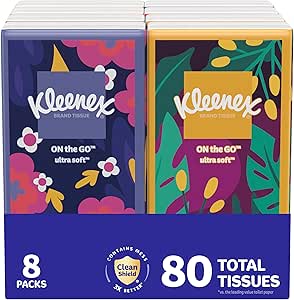 Kleenex On-The-Go Facial Tissues, 8 On-The-Go Packs, 10 Tissues per Box, 3-Ply (80 Total Tissues), Packaging May Vary