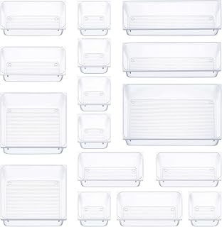 16 Pcs Drawer Organizer Set Dresser Desk Drawer Dividers - 5 Size Bathroom Vanity Cosmetic Makeup Trays - Multipurpose Clear Plastic Storage Bins for Jewelries, Kitchen Gadgets and Office Accessories