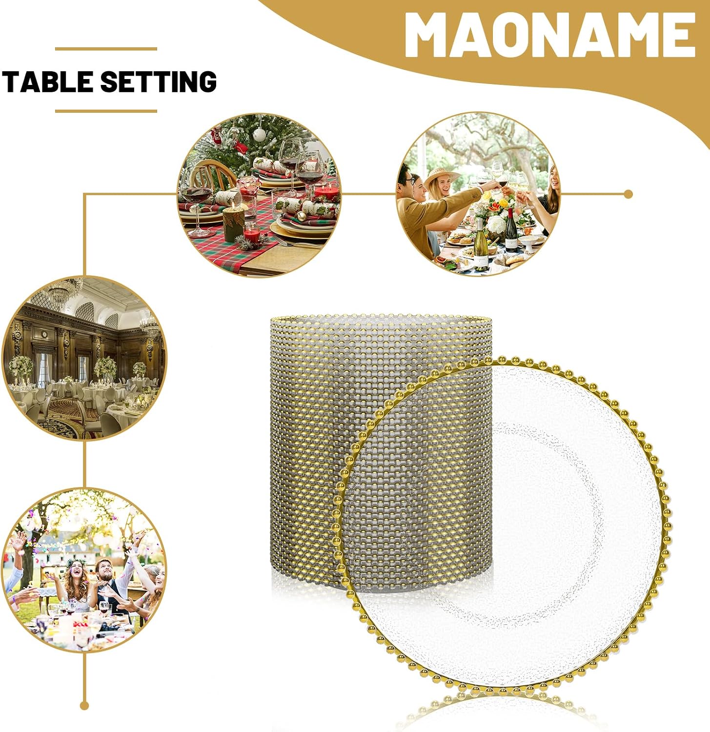 MAONAME 50 PCS Clear Charger Plates Bulk, 13" Plastic Round Beaded Chargers with Silver Rim, Frosted Grain Plate Chargers for Wedding, Party Event