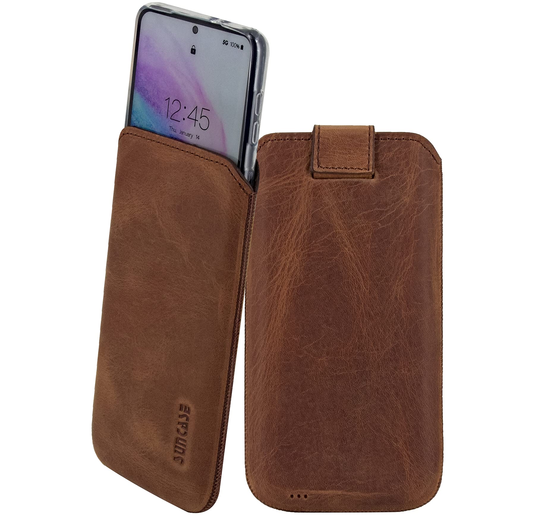 Suncase ECHT Ledertasche Leder Etui kompatibel mit iPhone 16 Pro (passend mit dickere Bumper/Silikon Case : innen Maße - 155 x 76 x 14 mm) in antik Coffee