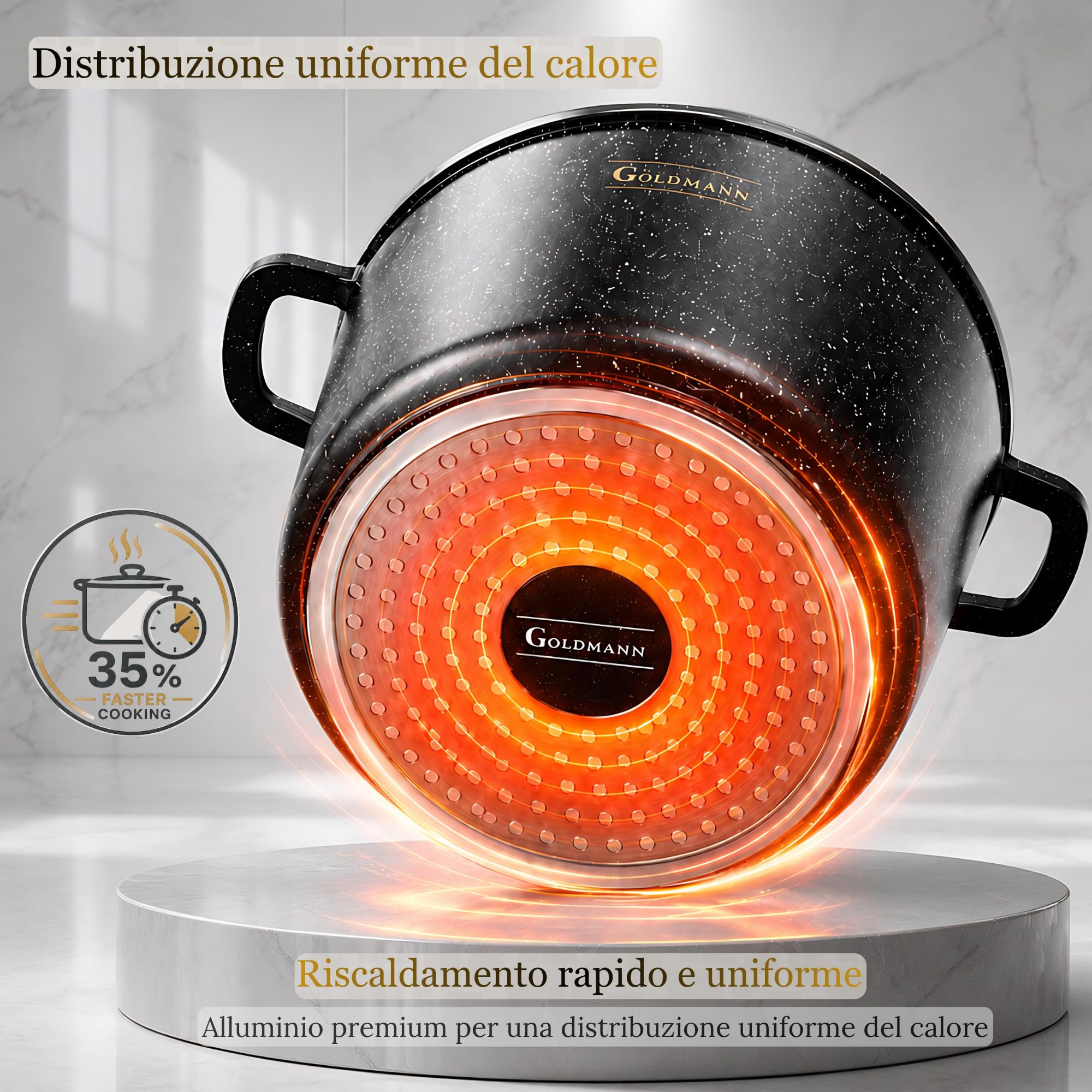 GOLDMANN pentola alluminio pressofuso da 28 cm e 10 L con rivestimento antiaderente in ceramica effetto marmo, coperchio in vetro, adatta a piani cottura a induzione e forno, senza PFOA.