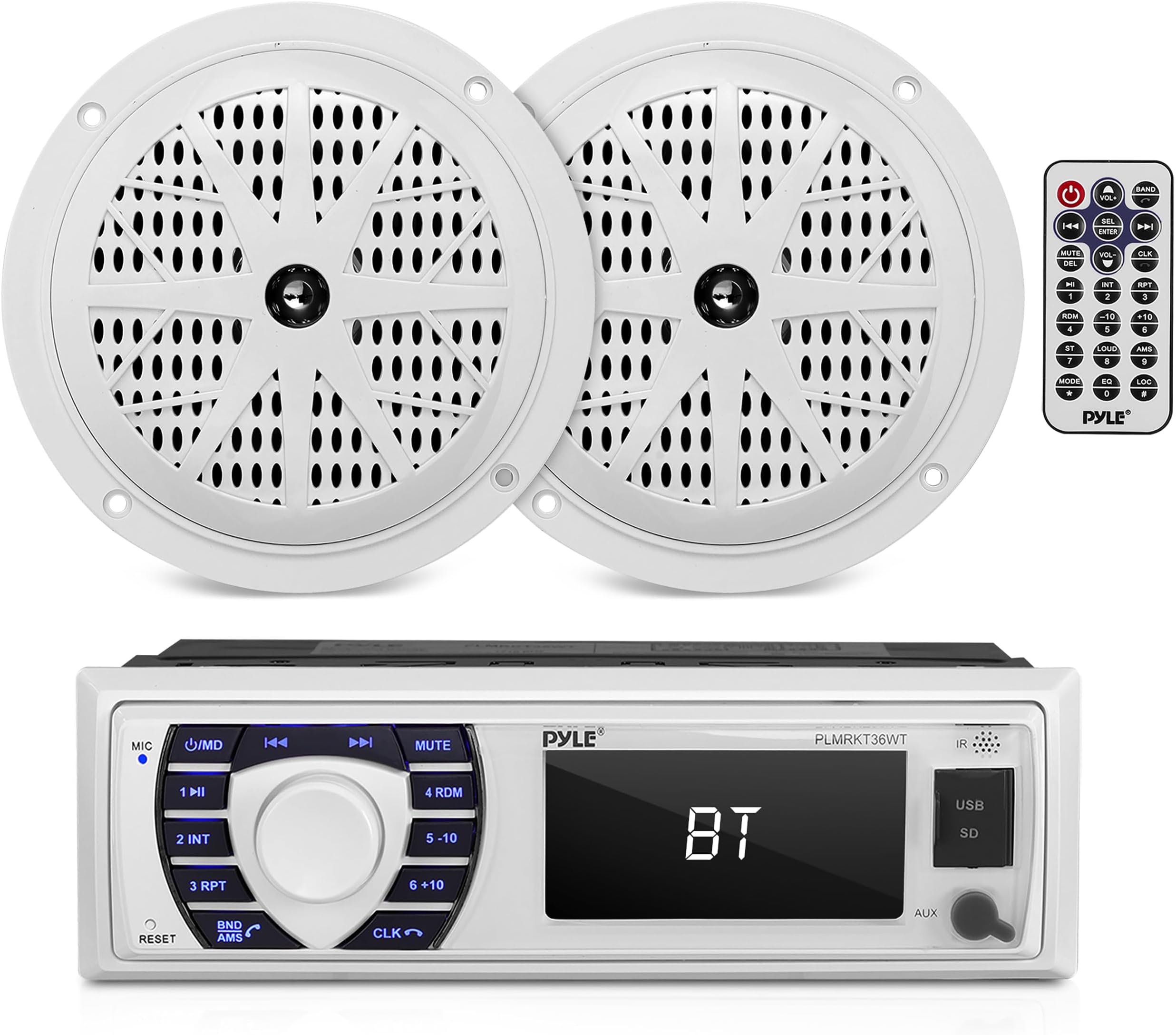Marine Receiver & Speaker Kit - In-Dash LCD Digital Stereo Built-in Bluetooth & Microphone w/AM FM Radio System 5.25โโ Waterproof Speakers (2) MP3/USB/SD Readers & Remote Control - Pyle PLMRKT36WT