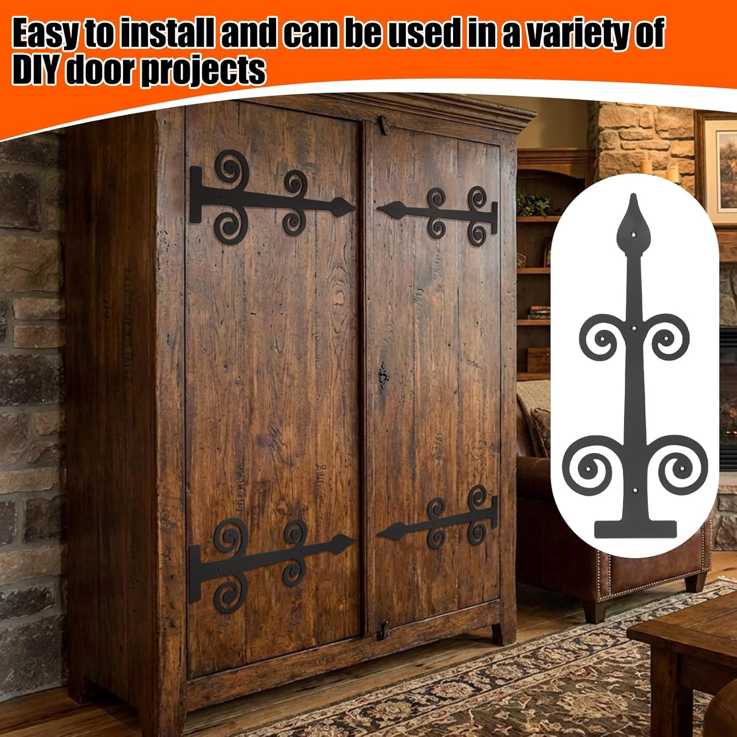 4 Pack 16" Gate Hinges Black Powder Coated Wrought Iron Garage Door Decorative Hardware Heavy Duty Rust Resistant Dummy Strap Fence Hinges with Mounting Hardware for Door Shed Barn