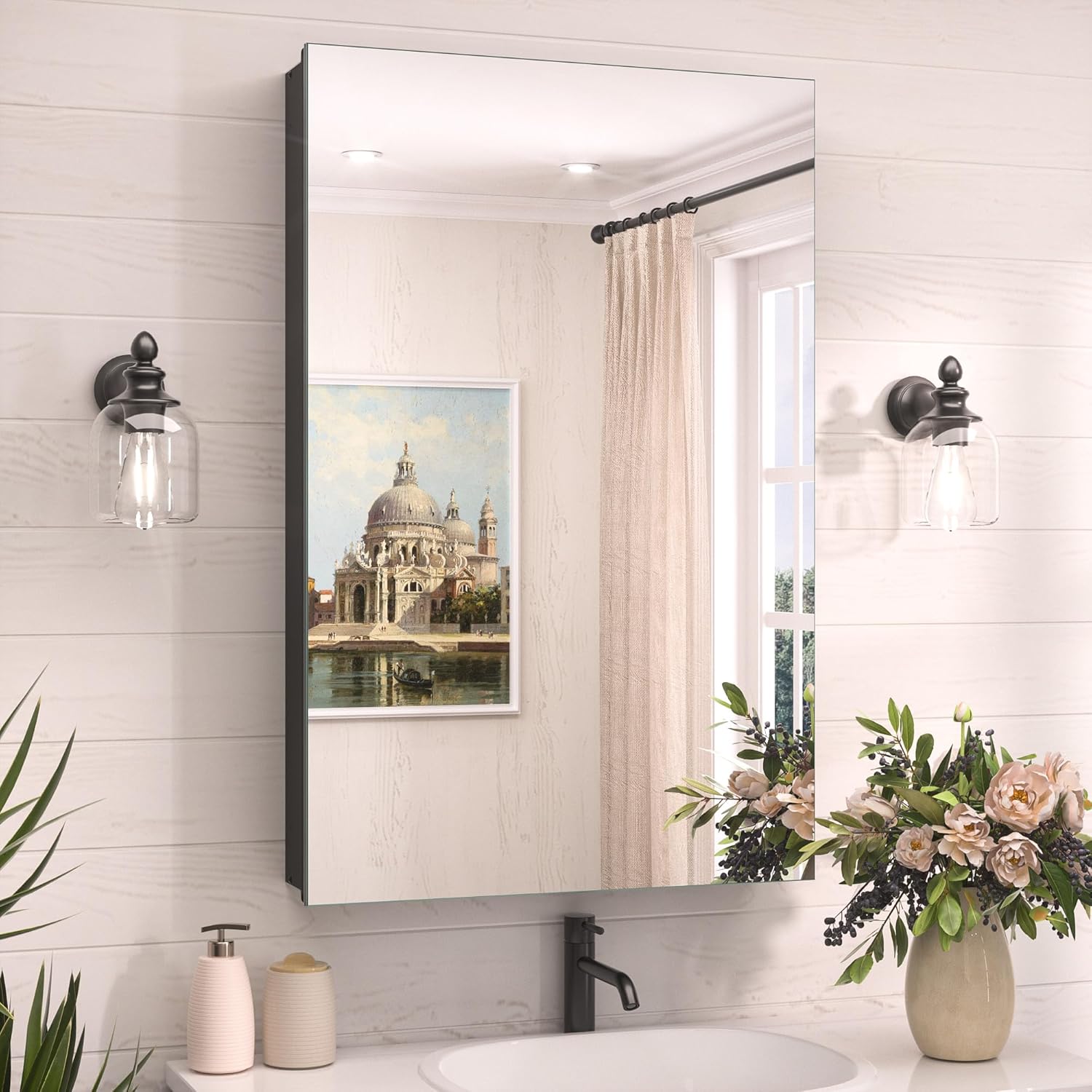 TokeShimi 20 x 32 Recessed Medicine Cabinet Mirror Surface Mount Aluminum, Tempered Frameless Bathroom Mirror with Storage Adjustable, Black Bathroom Wall Cabinet for Vanity Modern 20x32 IN Black