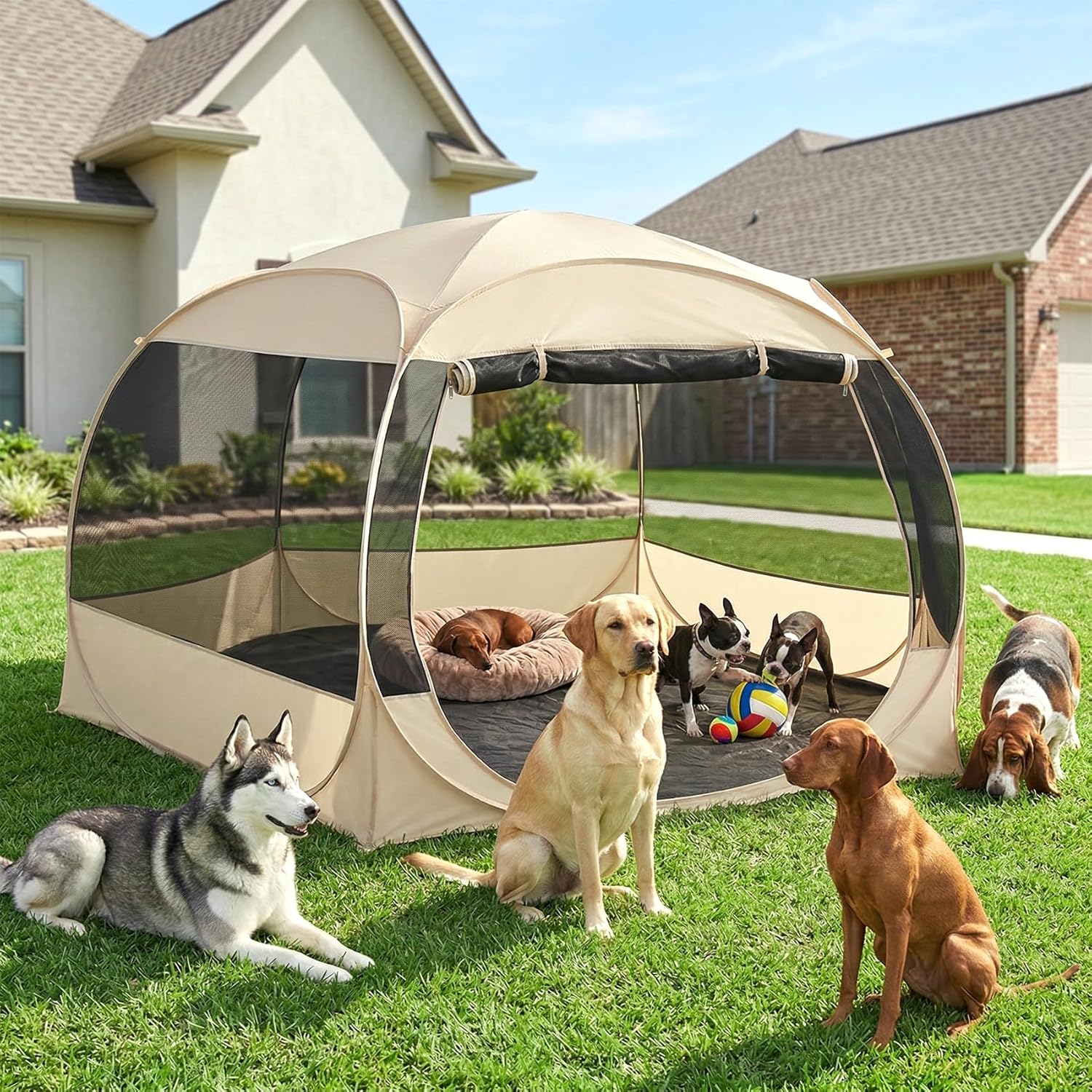 EighteenTek® XXLarge Popup Portable Dog Houses 10'x4.8'H Assembly-Free Gazebo-Style Dog Cot Cat Playpen Screen Pet Tent Sun Shade Shelter Dog Bed with Canopy for Outdoor Anti-Bugs with Leakproof Floor