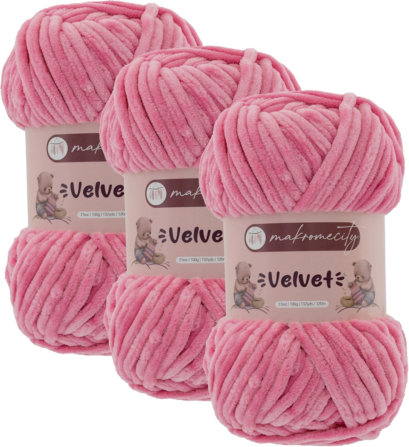 Makromecity 3 Skeins of Velvet Yarn 100g (3.5oz) / 120m (132yd) 100% Polyester Premium Chenille Yarn, Ultra Soft, Anti-Pilling, Machine Washable 30 Colors for Knitting & Crochet (Sugar Pink, 3 Skeins)