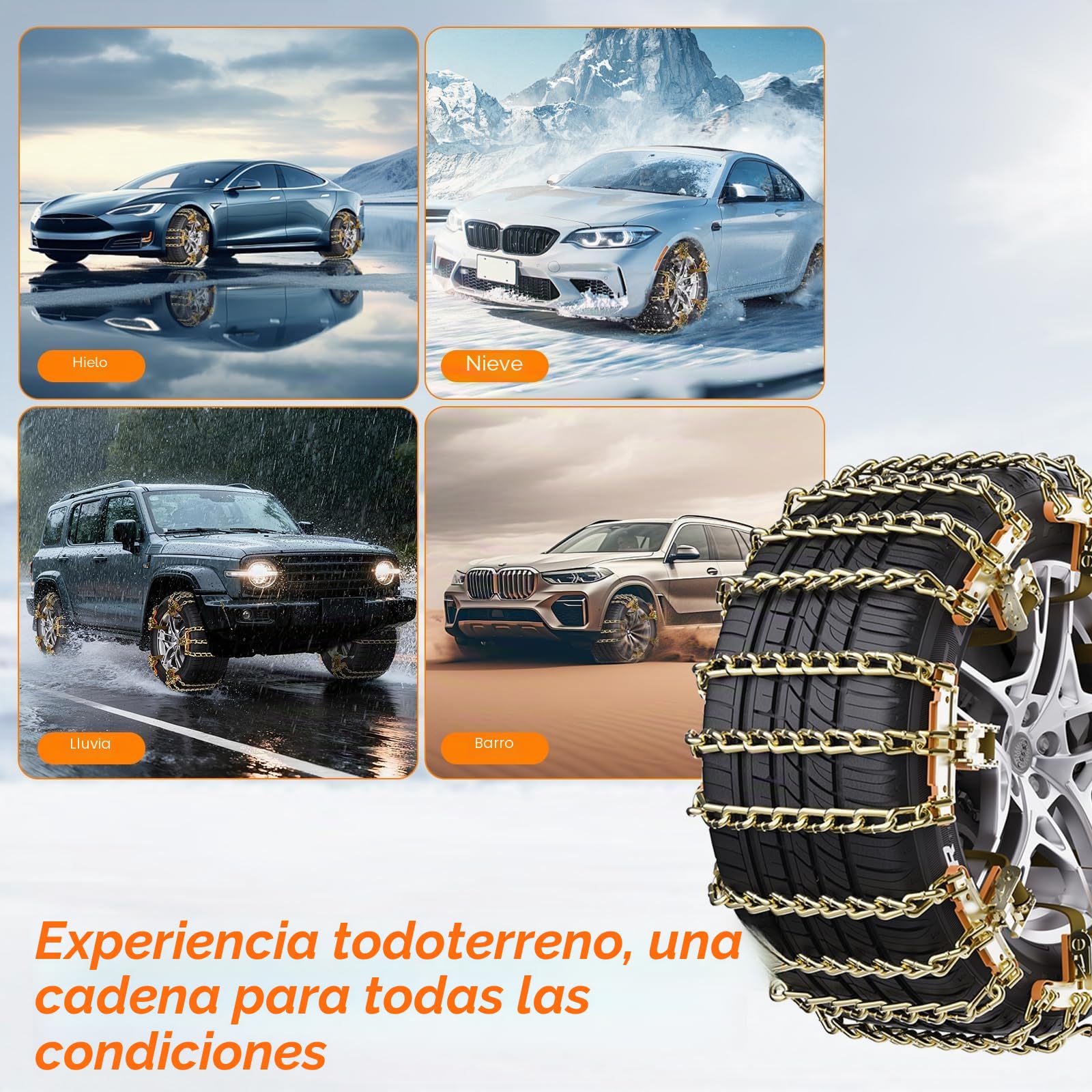 Paquete de 6 cadenas de nieve para automóviles y furgonetas, cadenas de hierro de 3 eslabones para neumáticos de 195 a 265 mm, cadenas de nieve antideslizantes resistentes para nieve y barro de